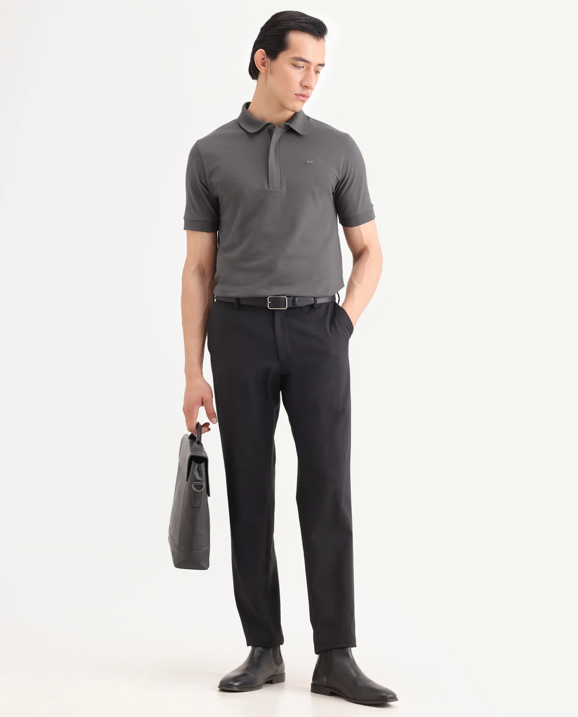 Rare Rabbit Men's Salis-S26 Grey Cotton Blend Fabric Half Sleeve Spread Collar Regular Fit Plain Polo - Image 2