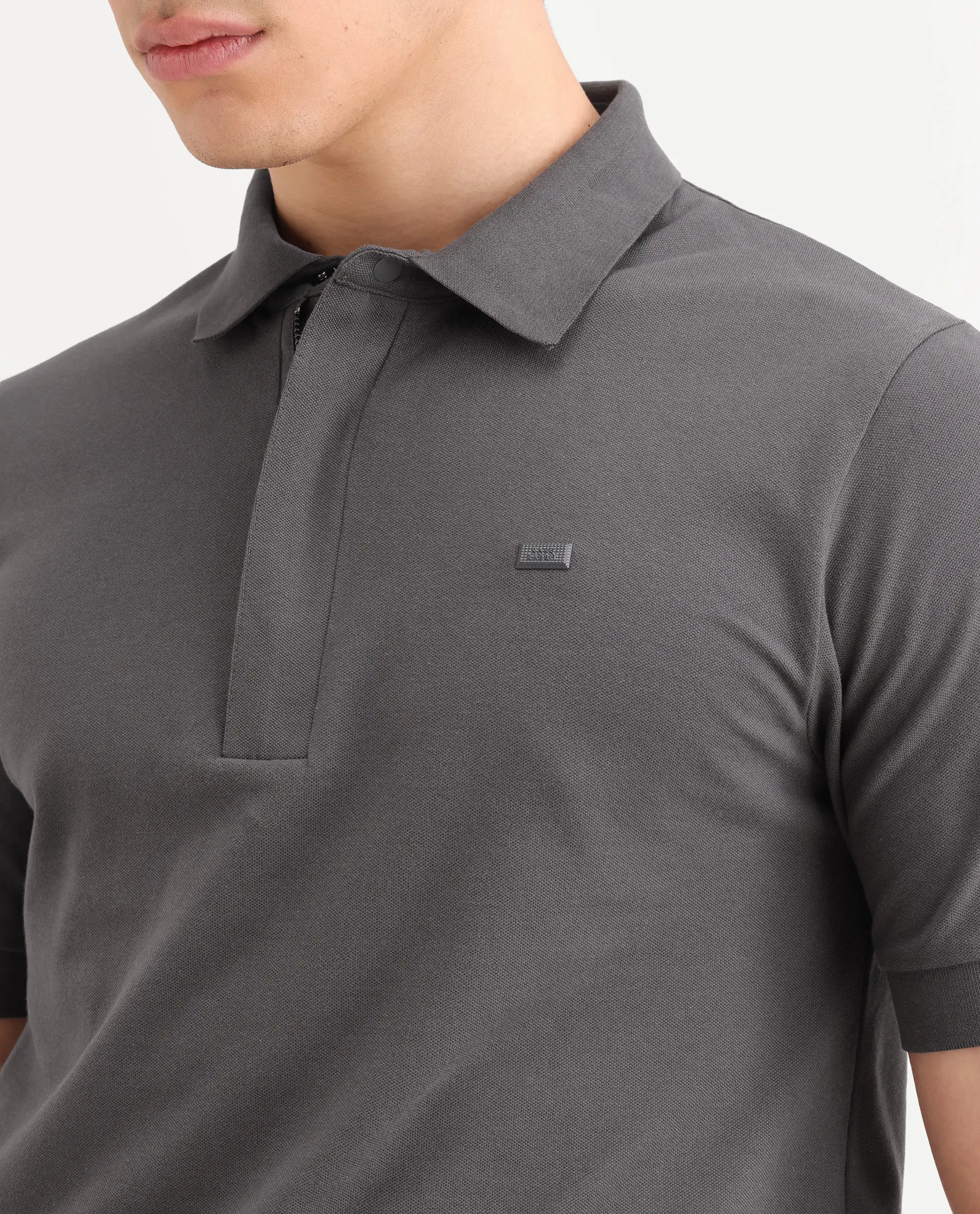 Rare Rabbit Men's Salis-S26 Grey Cotton Blend Fabric Half Sleeve Spread Collar Regular Fit Plain Polo - Image 3