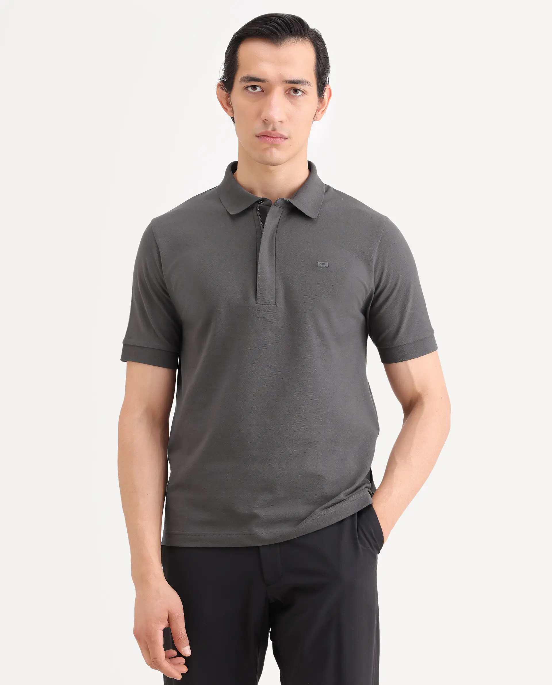 Rare Rabbit Men's Salis-S26 Grey Cotton Blend Fabric Half Sleeve Spread Collar Regular Fit Plain Polo - Image 4