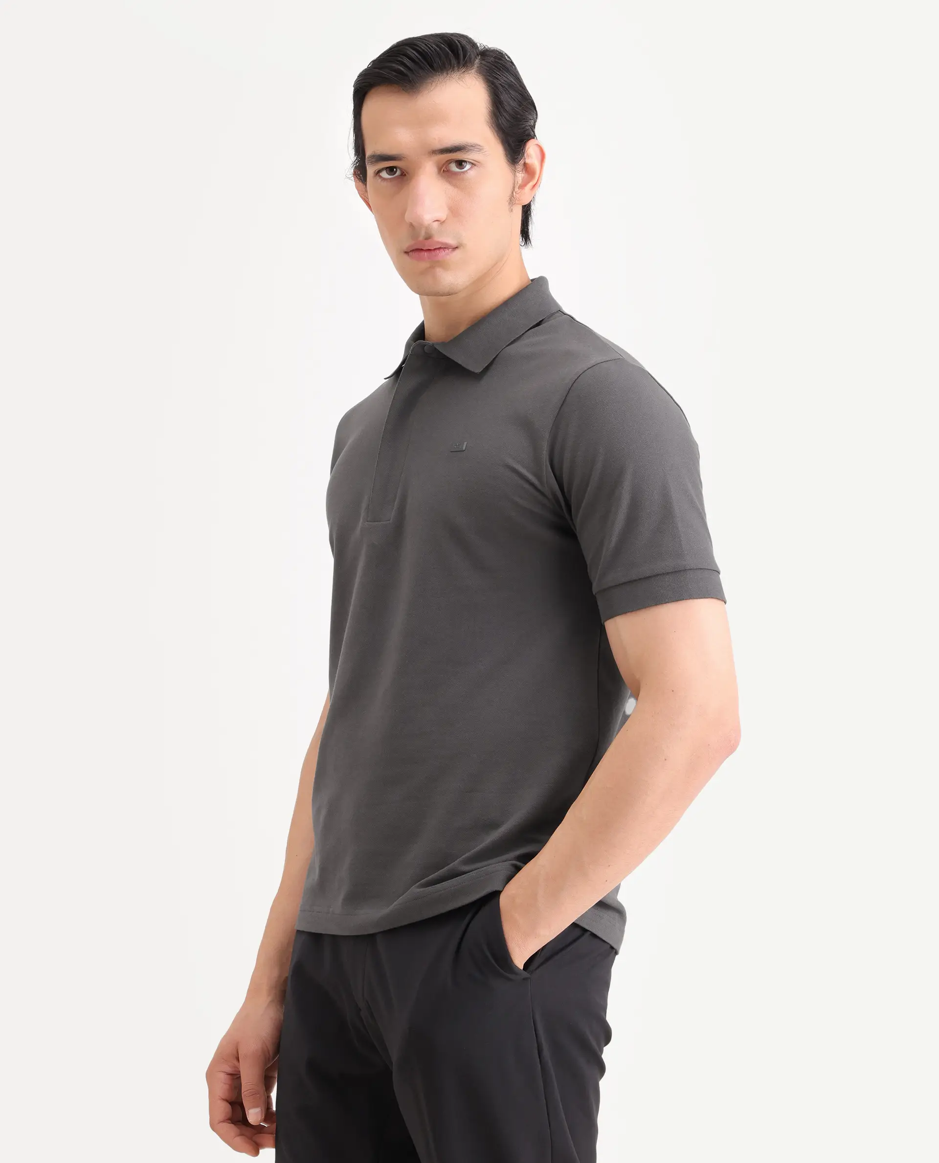 Rare Rabbit Men's Salis-S26 Grey Cotton Blend Fabric Half Sleeve Spread Collar Regular Fit Plain Polo - Image 5