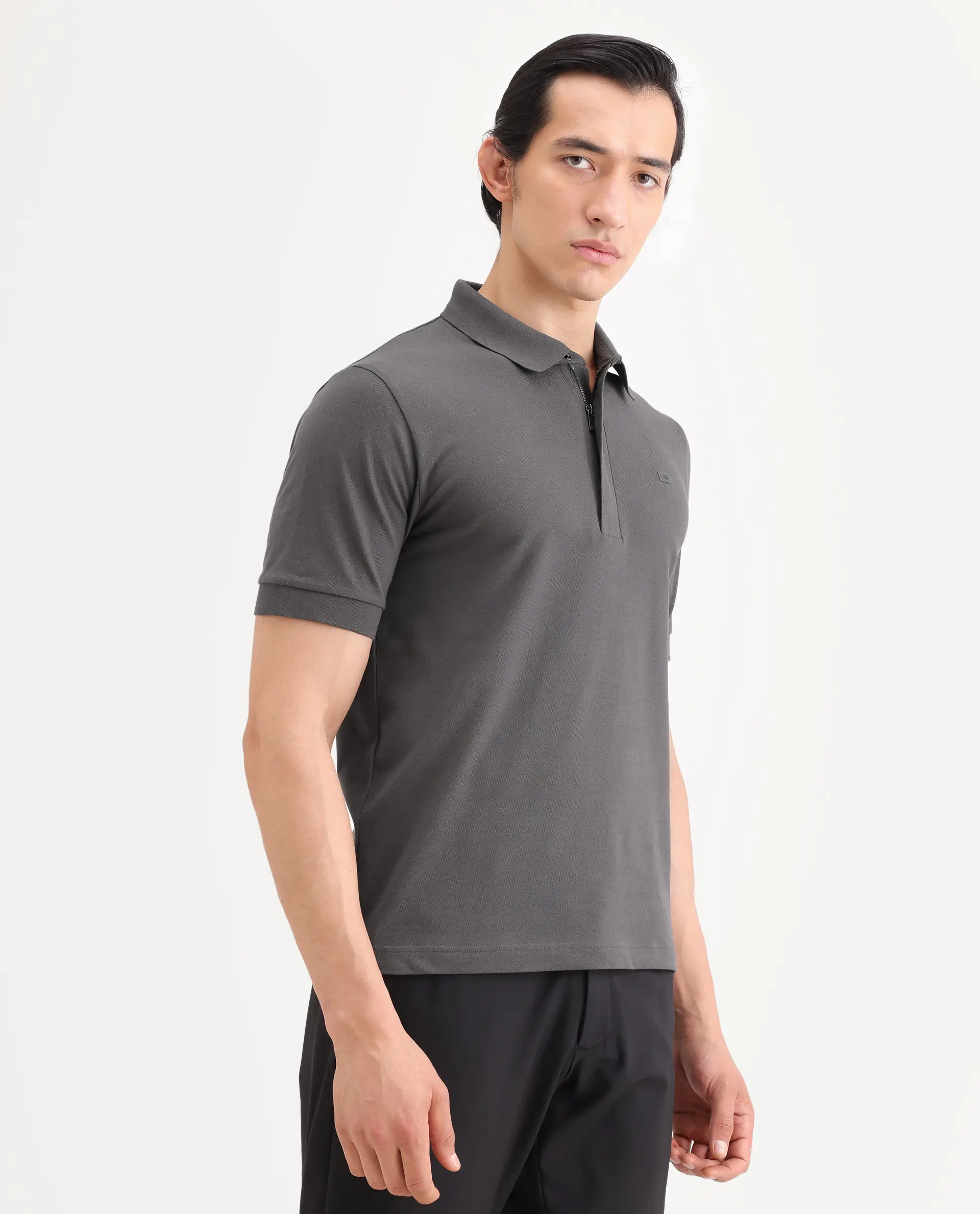 Rare Rabbit Men's Salis-S26 Grey Cotton Blend Fabric Half Sleeve Spread Collar Regular Fit Plain Polo - Image 6