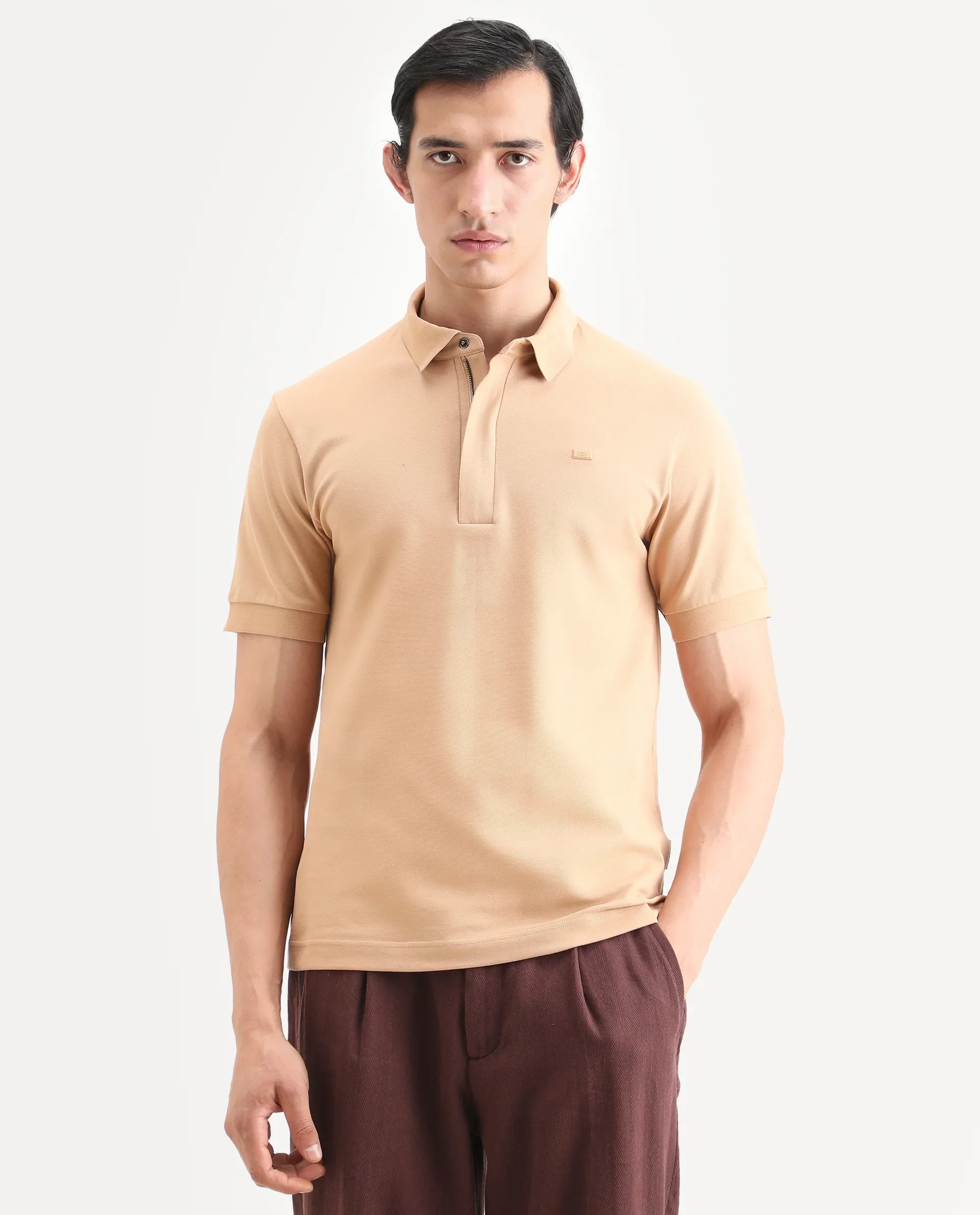 Rare Rabbit Men's Salis-S26 Light Yellow Cotton Blend Fabric Half Sleeve Spread Collar Regular Fit Plain Polo - Image 4