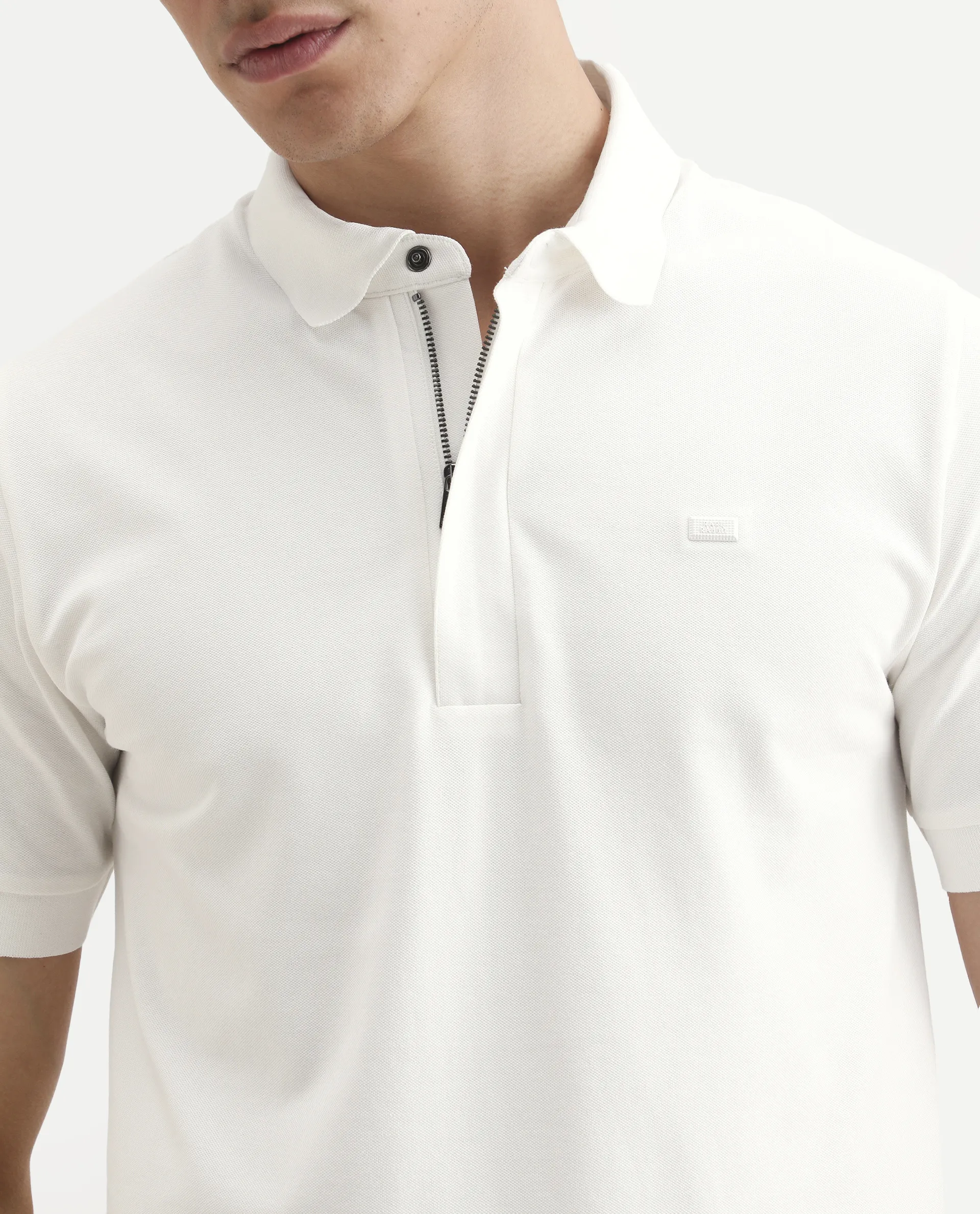 Rare Rabbit Men's Salis-S26 White Cotton Blend Fabric Half Sleeve Spread Collar Regular Fit Plain Polo - Image 3