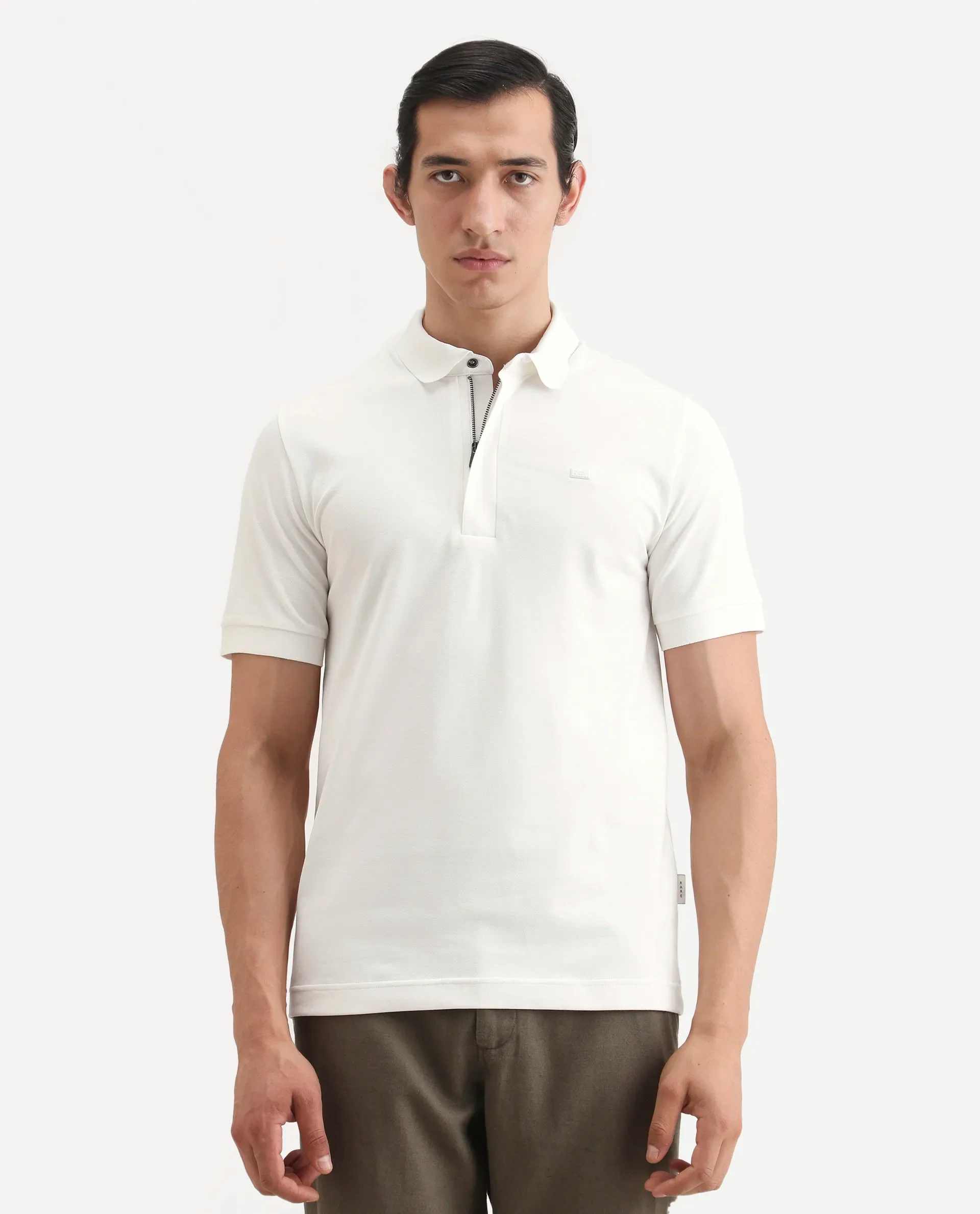 Rare Rabbit Men's Salis-S26 White Cotton Blend Fabric Half Sleeve Spread Collar Regular Fit Plain Polo - Image 4