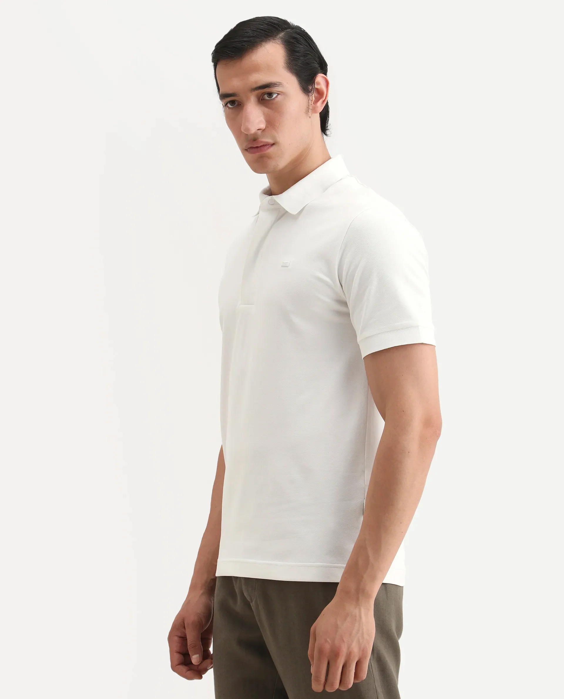 Rare Rabbit Men's Salis-S26 White Cotton Blend Fabric Half Sleeve Spread Collar Regular Fit Plain Polo - Image 5