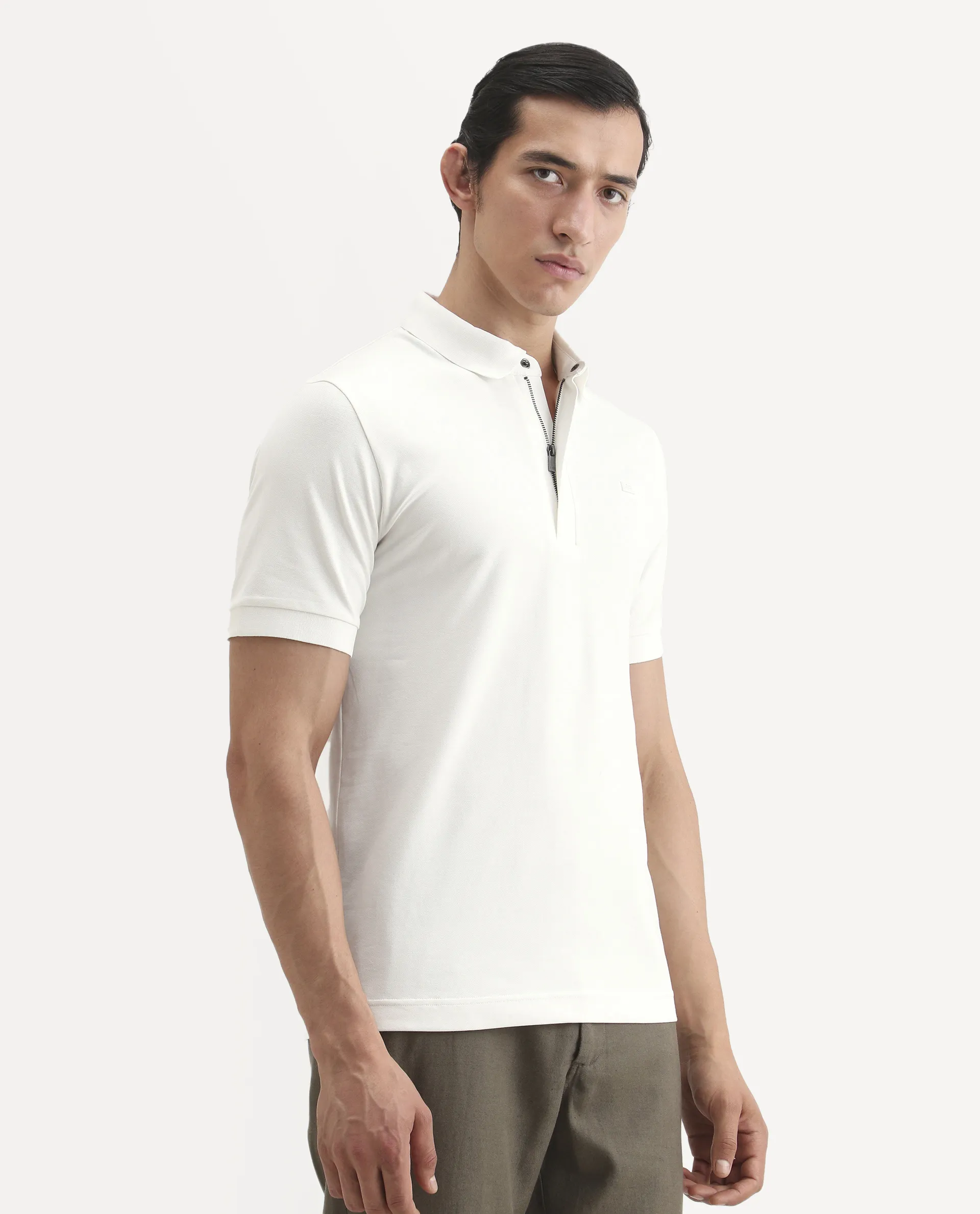 Rare Rabbit Men's Salis-S26 White Cotton Blend Fabric Half Sleeve Spread Collar Regular Fit Plain Polo - Image 6