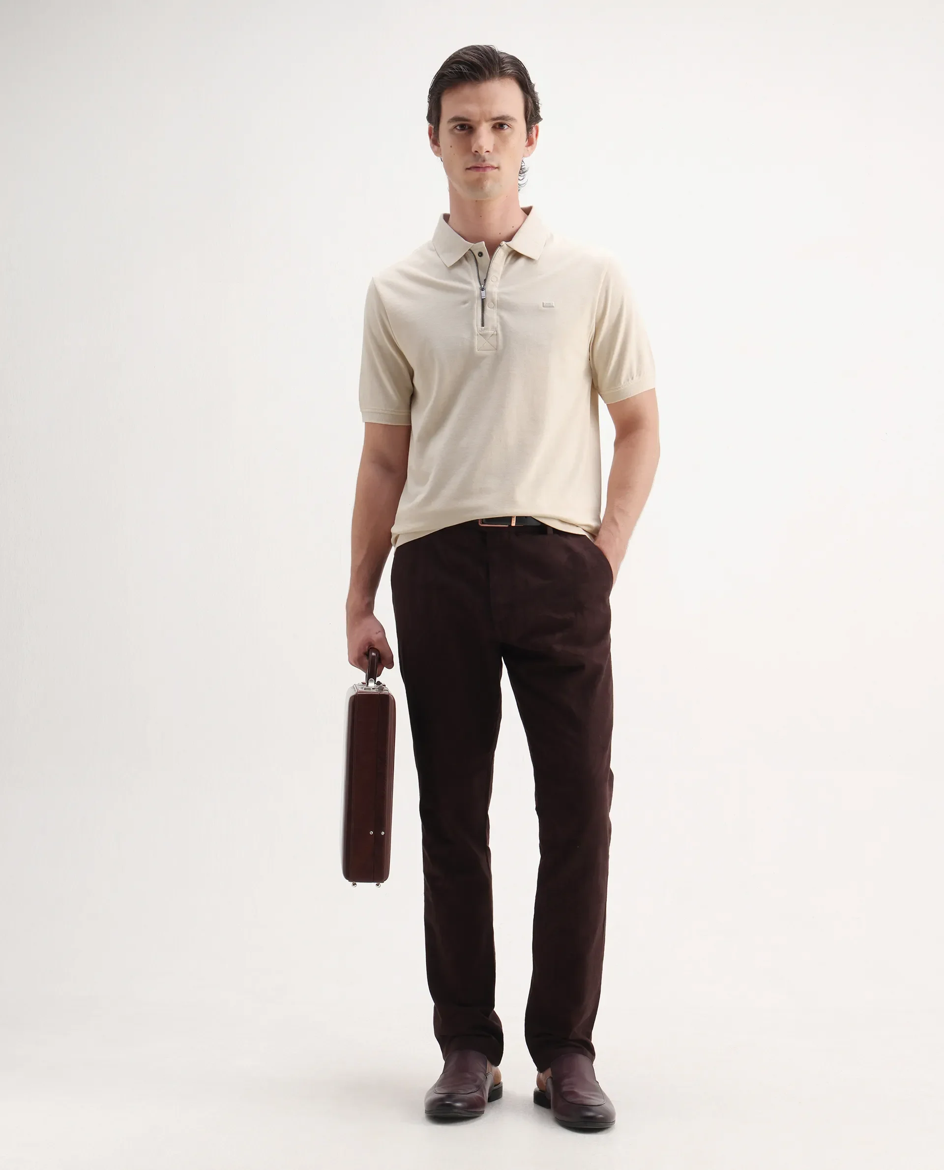 Rare Rabbit Men's Salis Mel Beige Cotton Blend Plain Regular Fit Half Sleeve Polo - Image 2