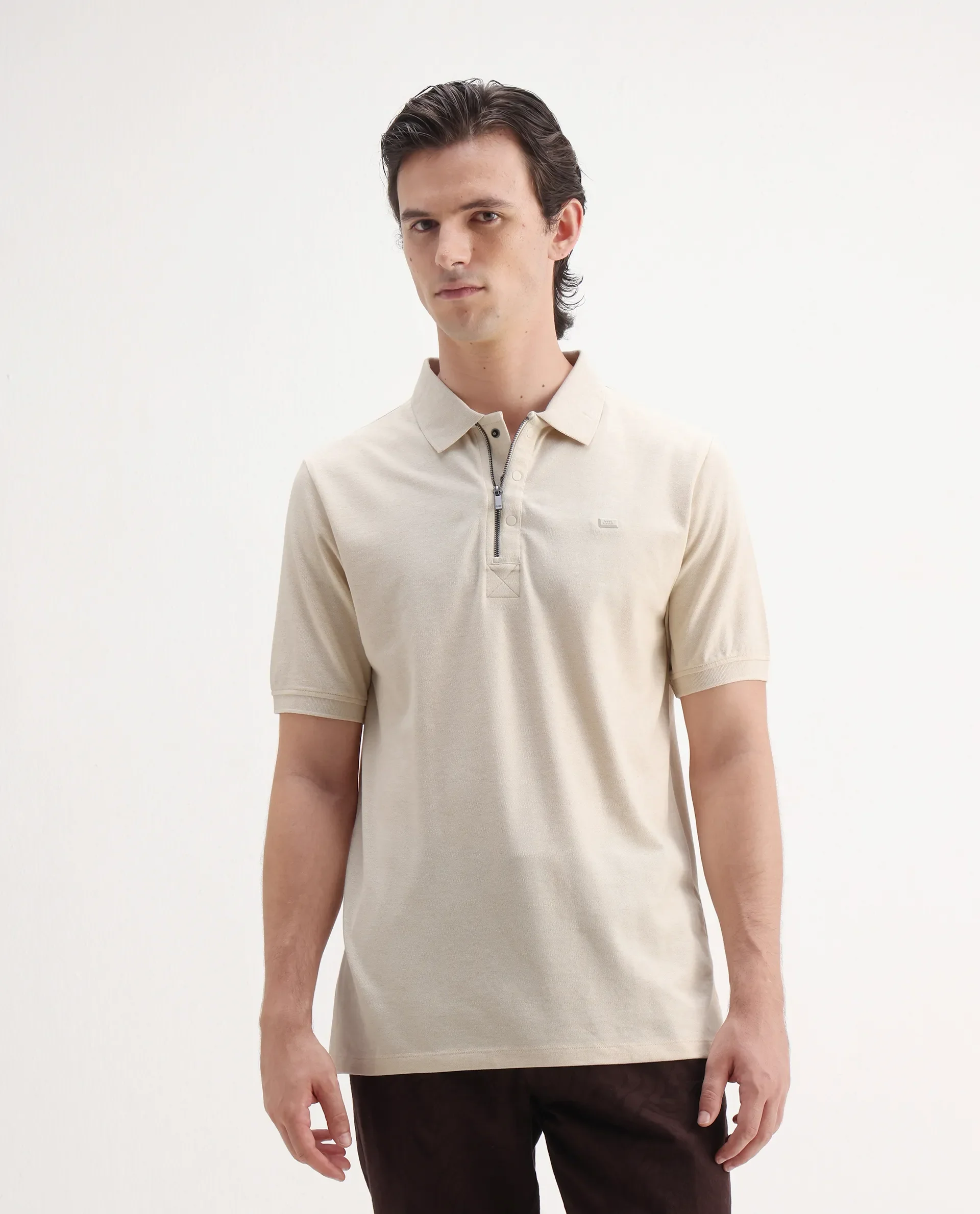 Rare Rabbit Men's Salis Mel Beige Cotton Blend Plain Regular Fit Half Sleeve Polo - Image 3