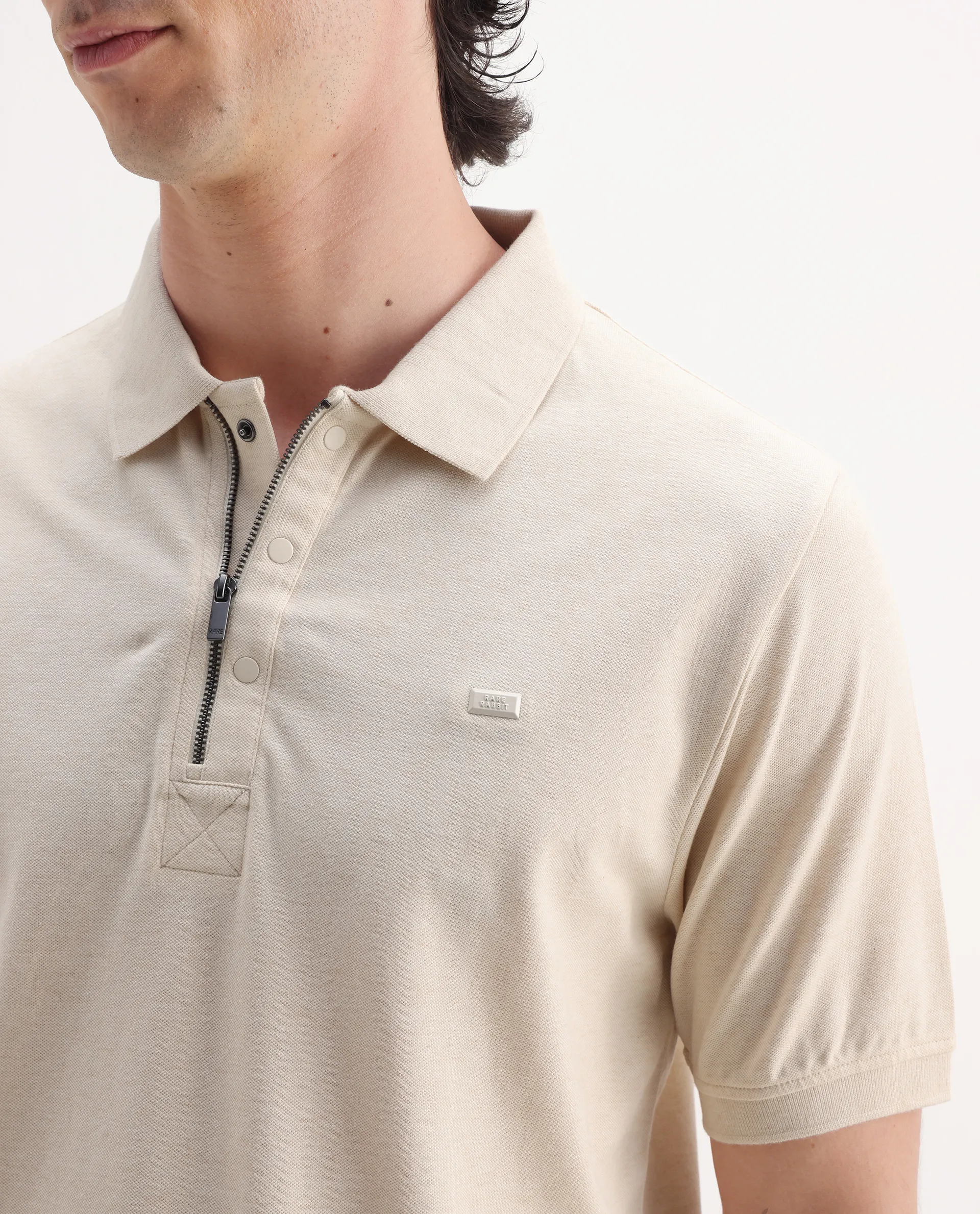 Rare Rabbit Men's Salis Mel Beige Cotton Blend Plain Regular Fit Half Sleeve Polo - Image 4