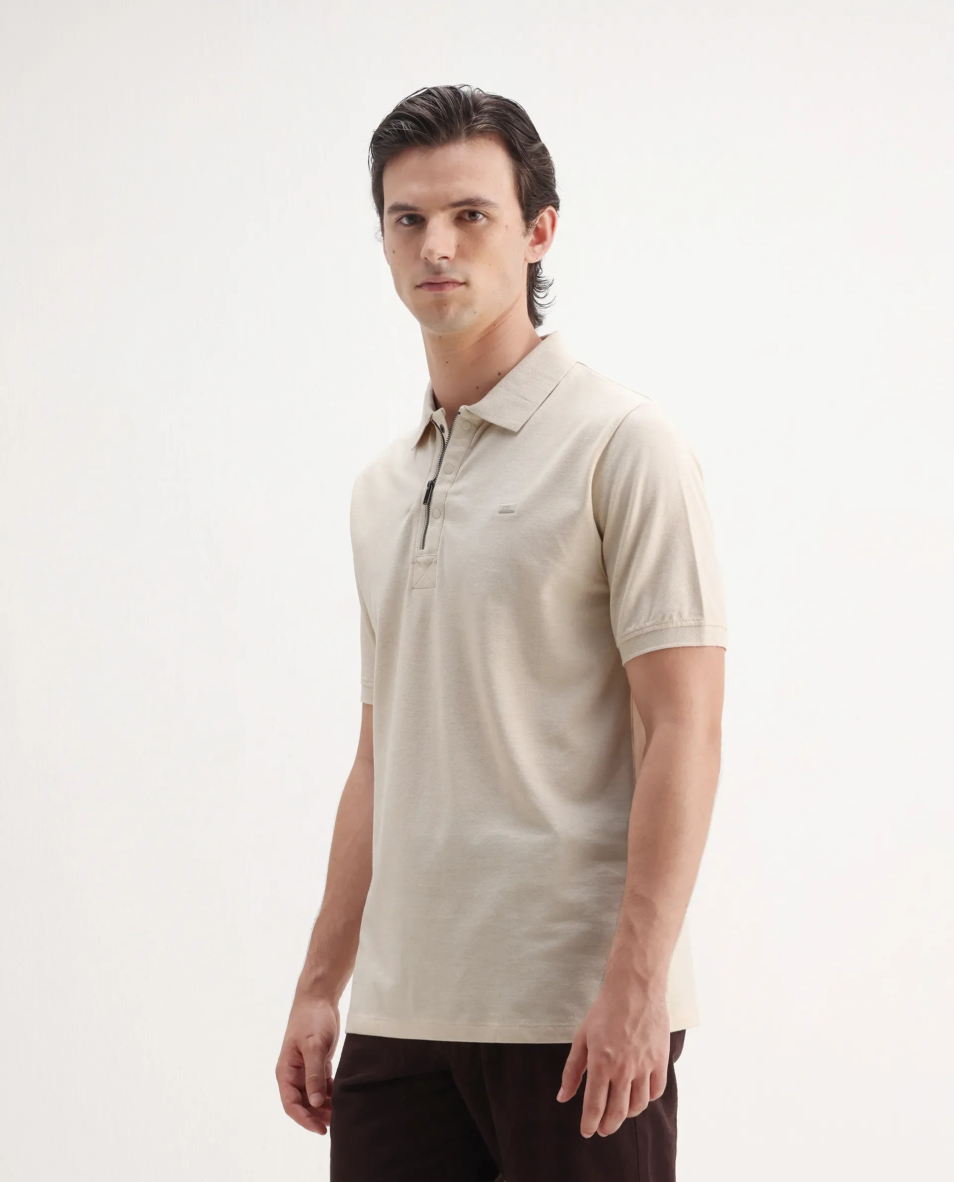 Rare Rabbit Men's Salis Mel Beige Cotton Blend Plain Regular Fit Half Sleeve Polo - Image 6