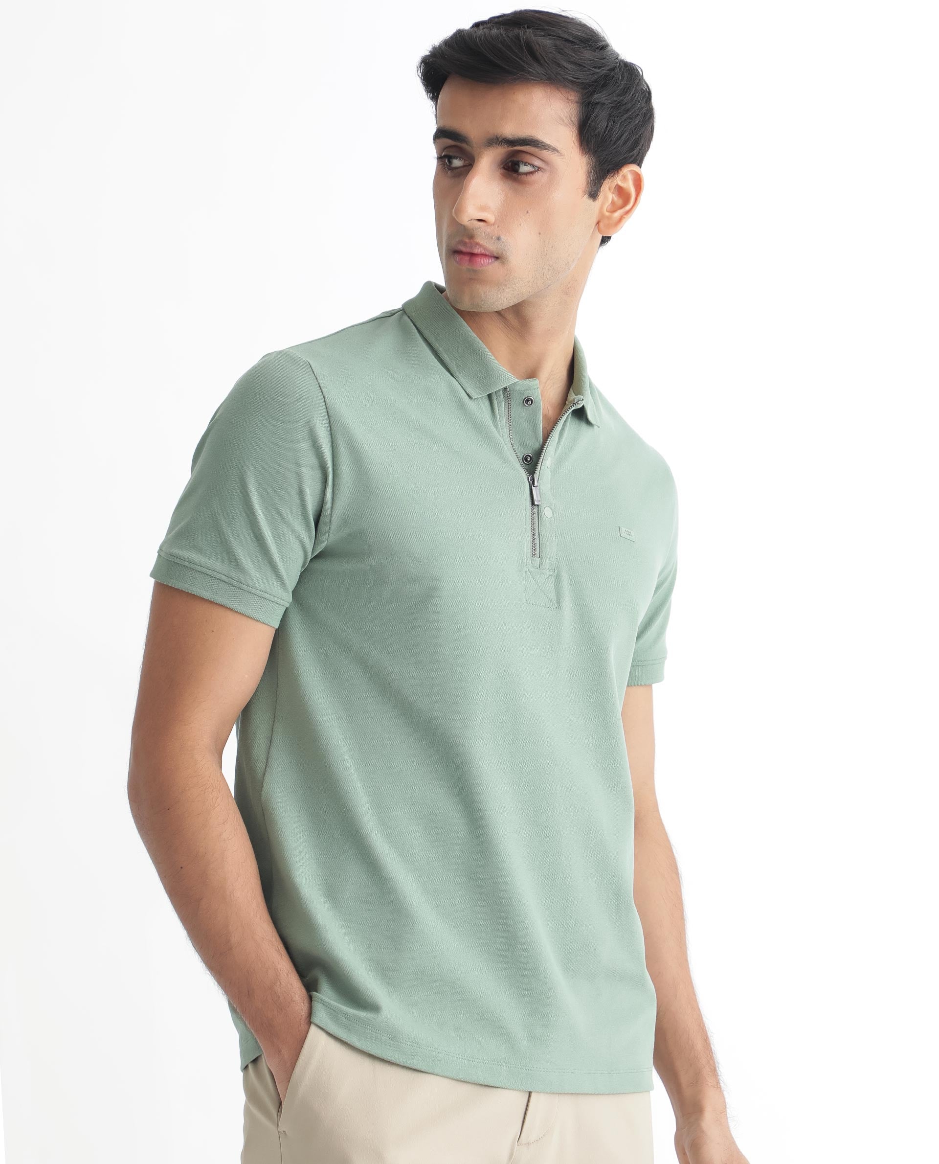 Rare Rabbit Men's Saliso Light Green Cotton Plain Regular Fit Half Sleeve Polo