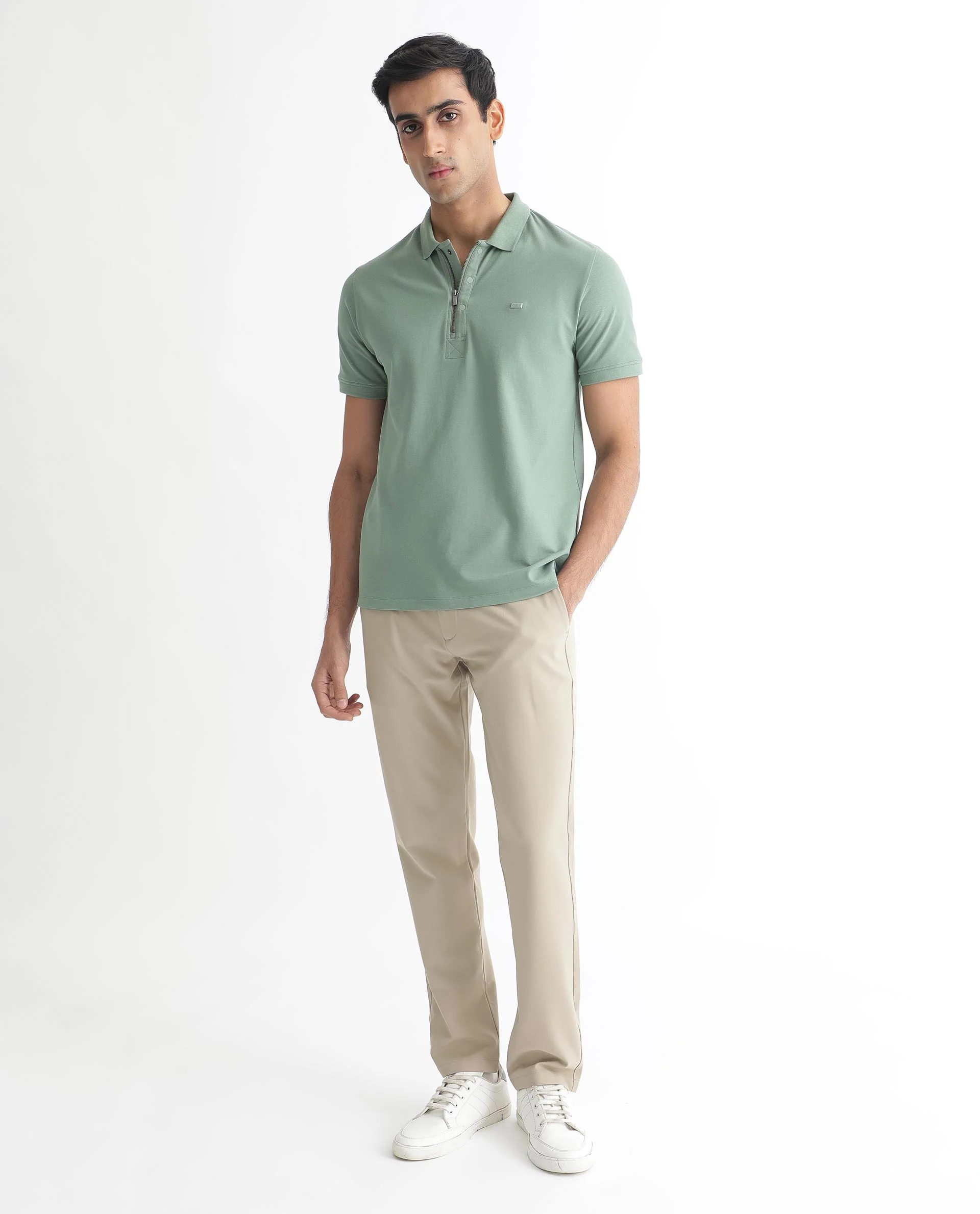 Rare Rabbit Men's Saliso Light Green Cotton Plain Regular Fit Half Sleeve Polo - Image 3