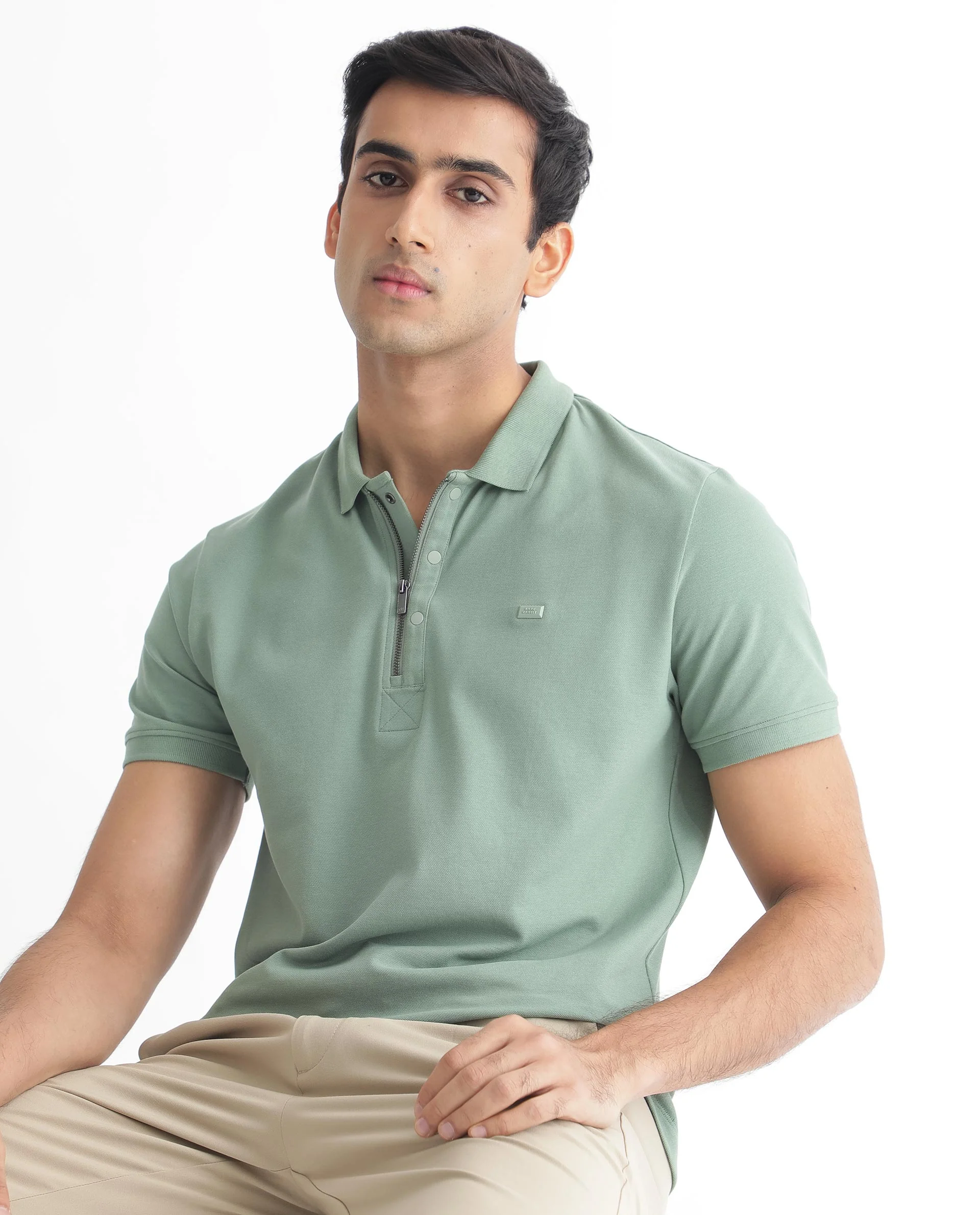 Rare Rabbit Men's Saliso Light Green Cotton Plain Regular Fit Half Sleeve Polo - Image 4