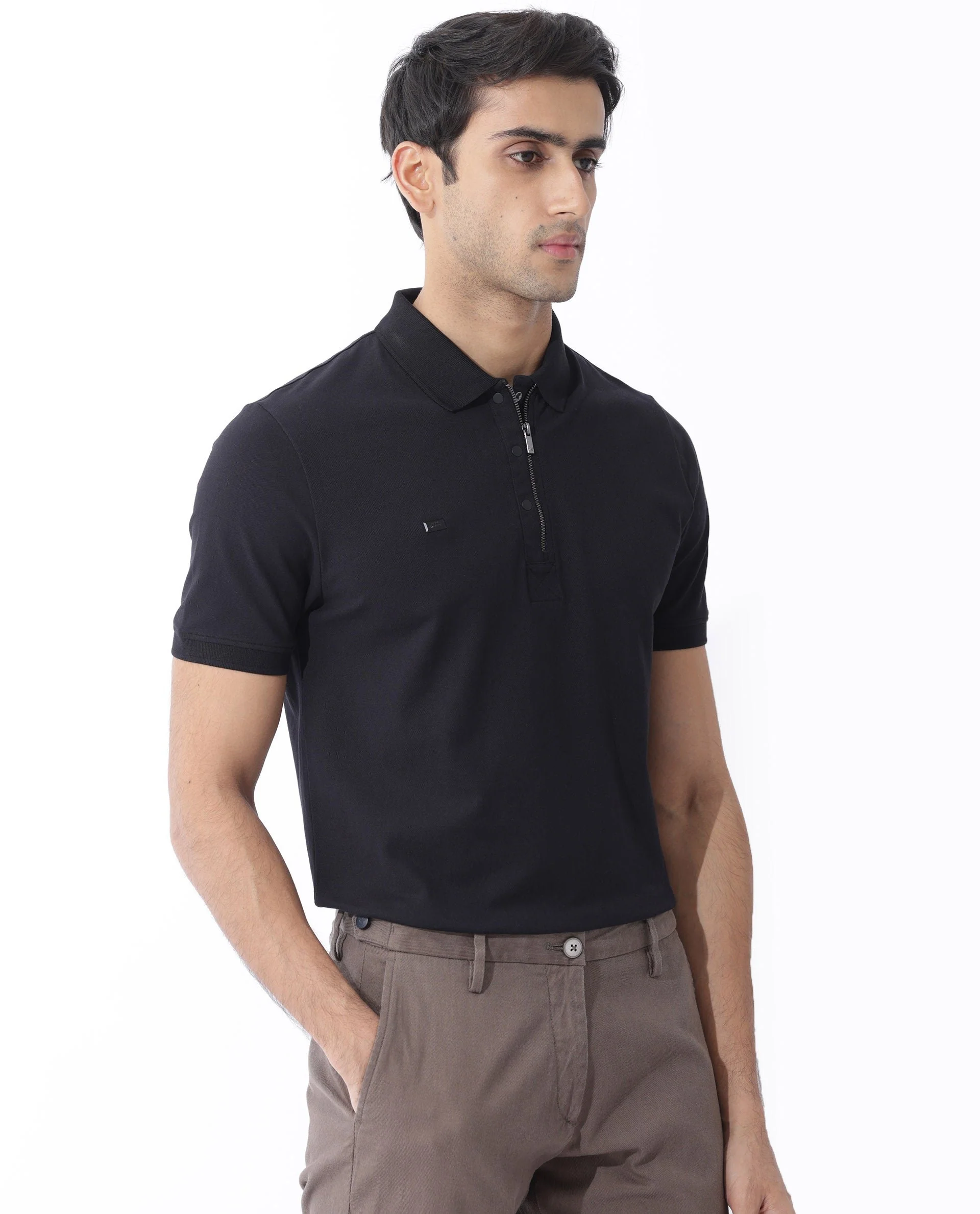 Rare Rabbit Men's Salis-2 Black Cotton Plain Regular Fit Half Sleeve Polo - Image 5