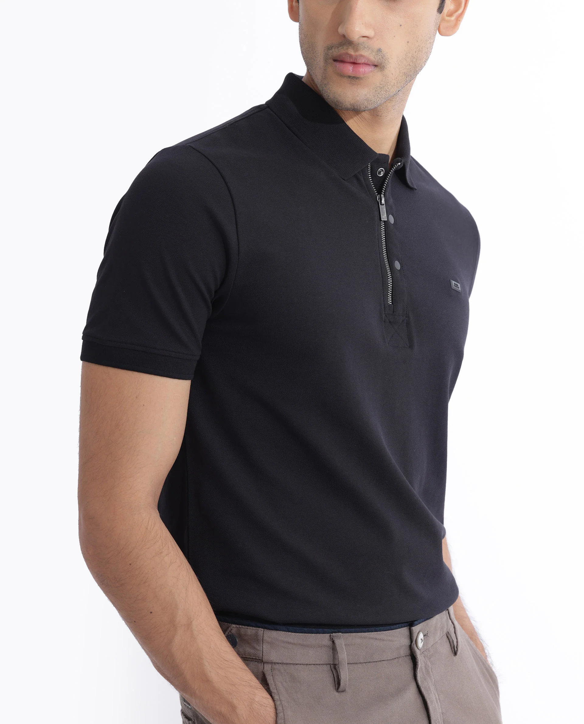 Rare Rabbit Men's Salis-2 Black Cotton Plain Regular Fit Half Sleeve Polo - Image 6
