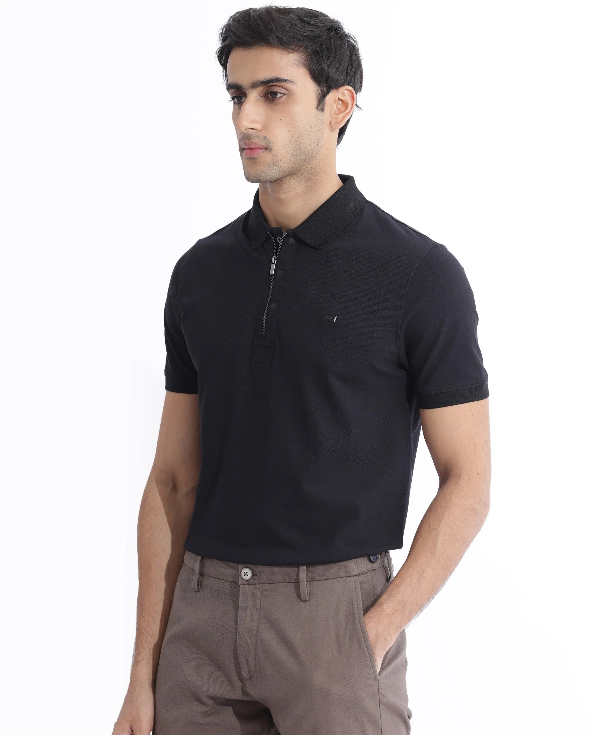 Rare Rabbit Men's Salis-2 Black Cotton Plain Regular Fit Half Sleeve Polo - Image 8