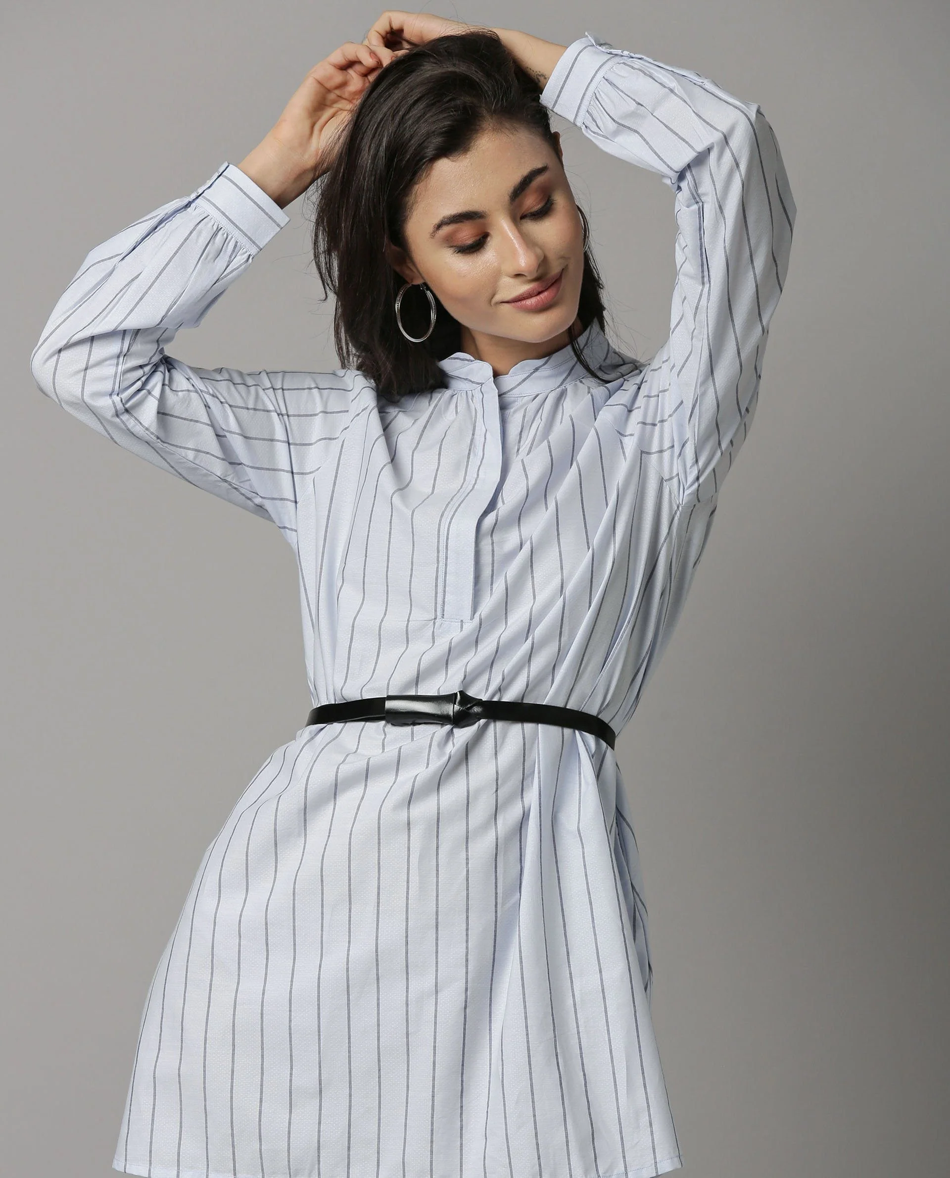 Rareism Women Sally Blue Dress Full Sleeves Stripe - Image 2
