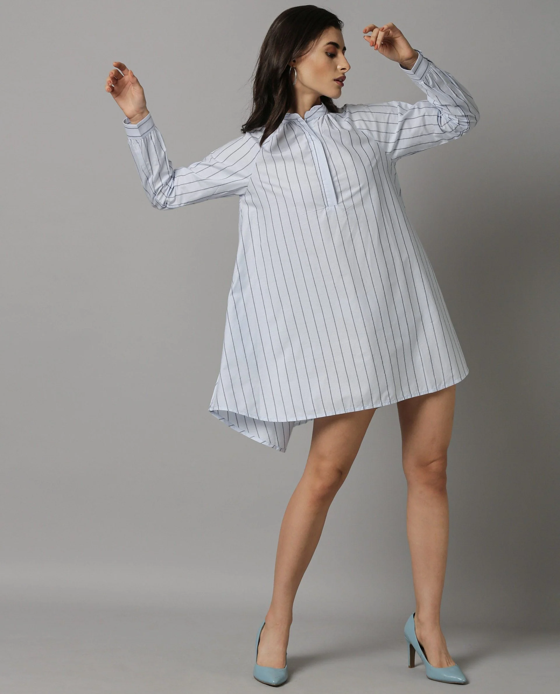 Rareism Women Sally Blue Dress Full Sleeves Stripe - Image 5