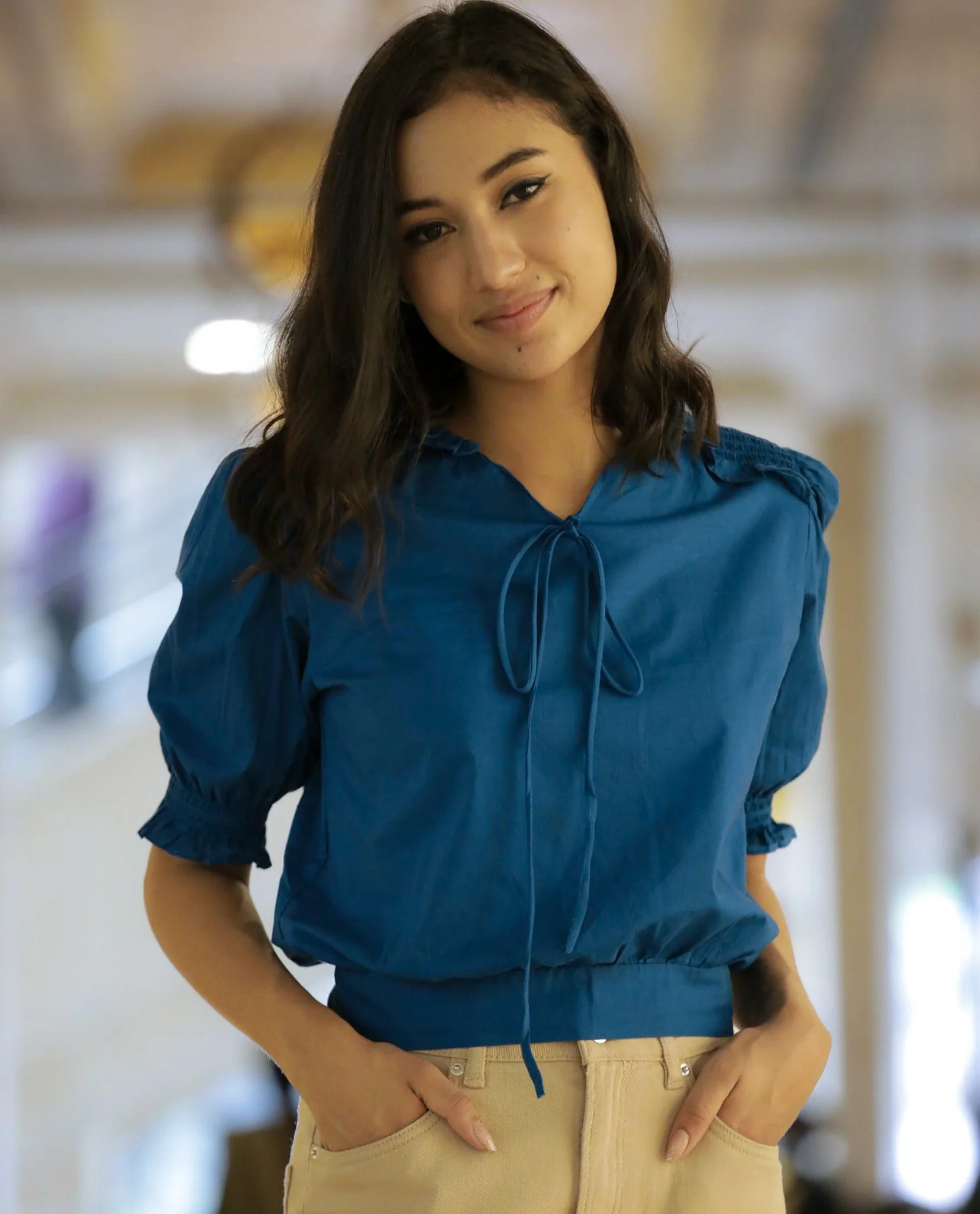Rareism Women Salsa Blue Top Short Sleeves Solid