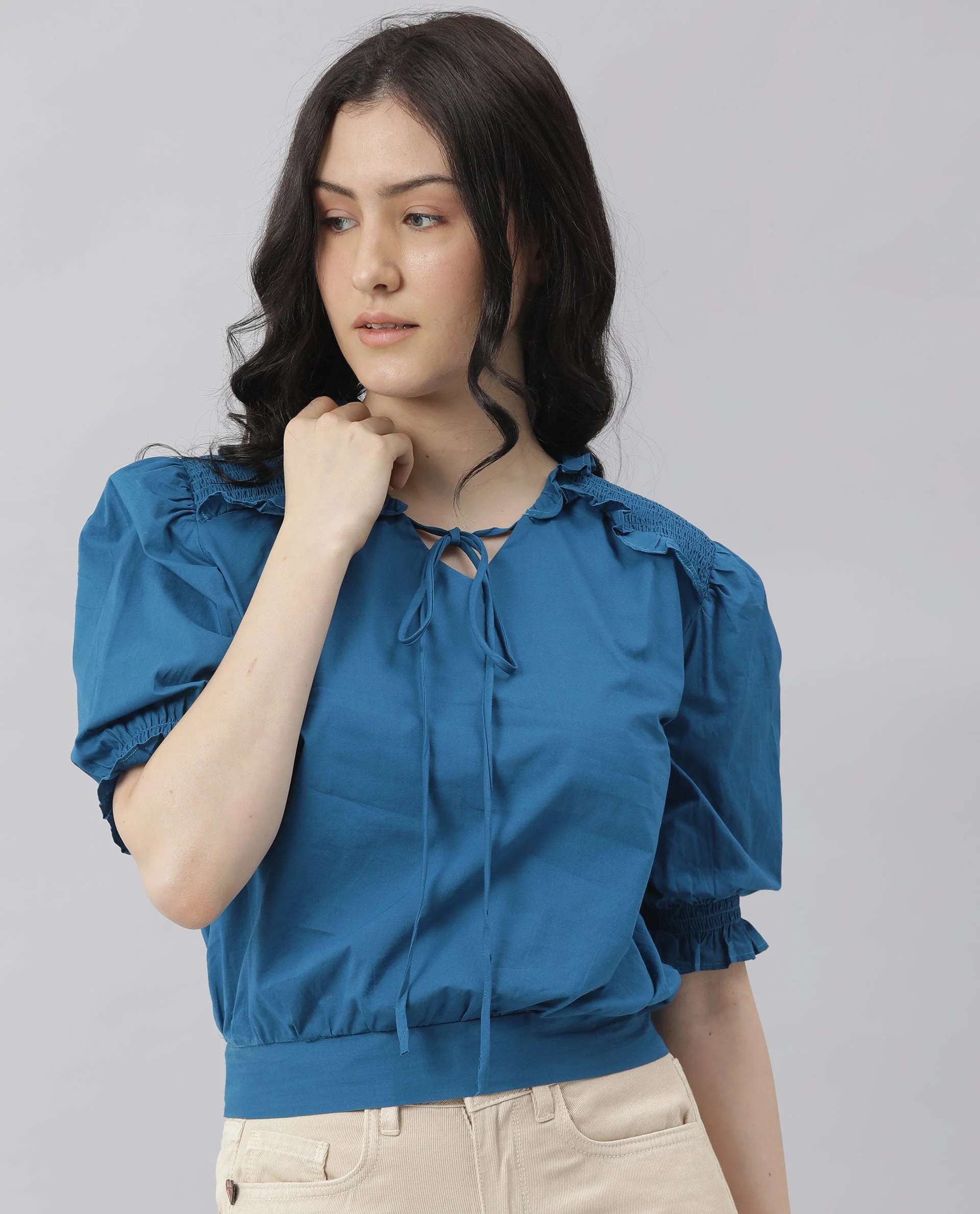 Rareism Women Salsa Blue Top Short Sleeves Solid - Image 2