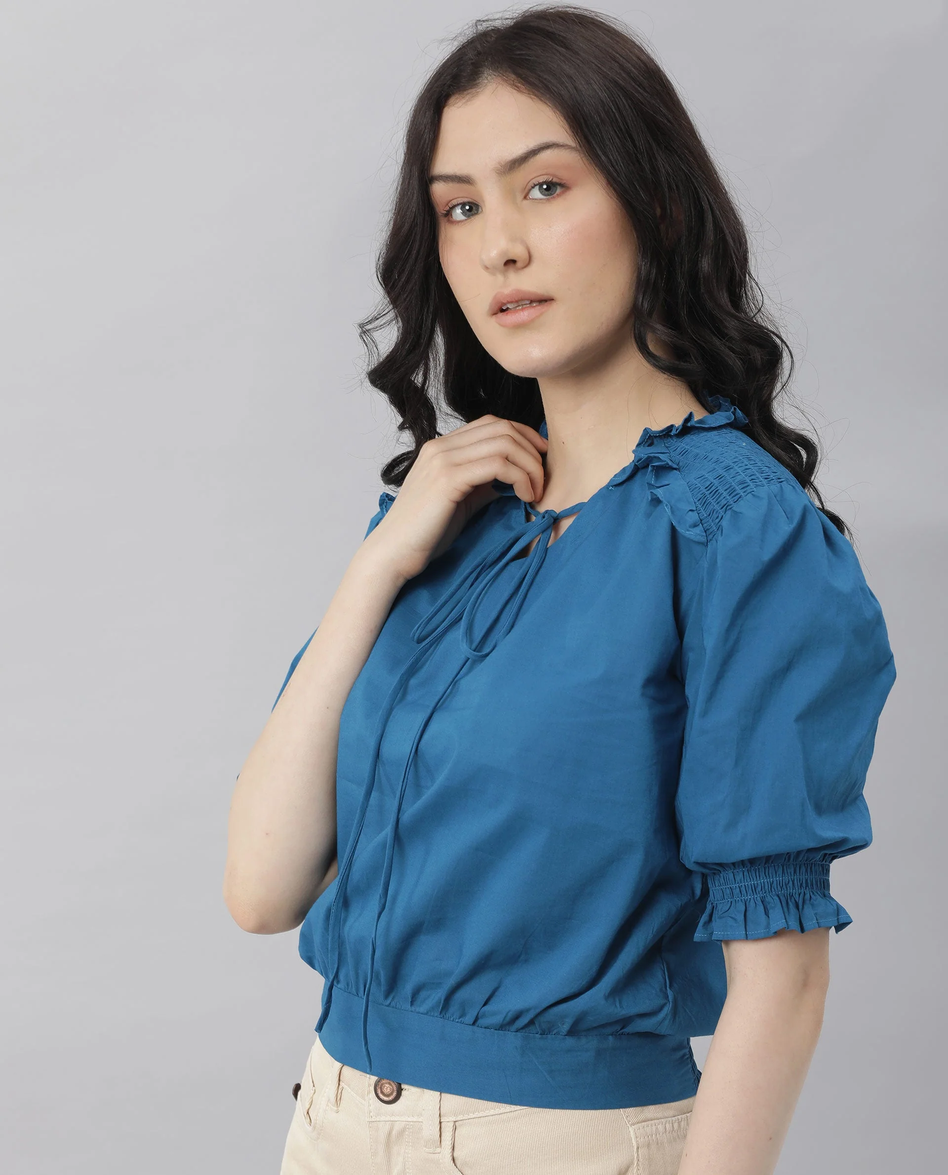 Rareism Women Salsa Blue Top Short Sleeves Solid - Image 6