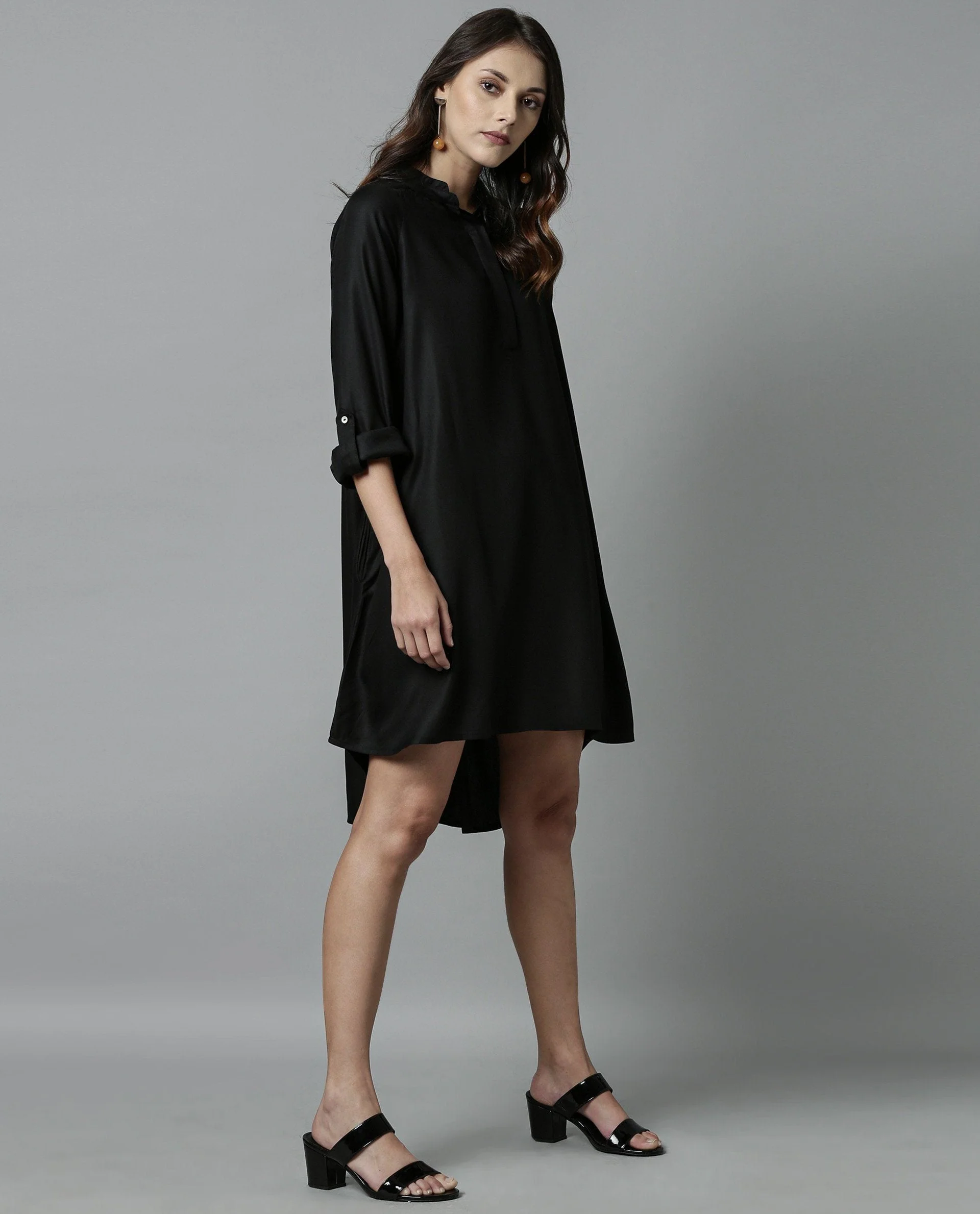 Rareism Women Salt Black Dress Full Sleeves Solid