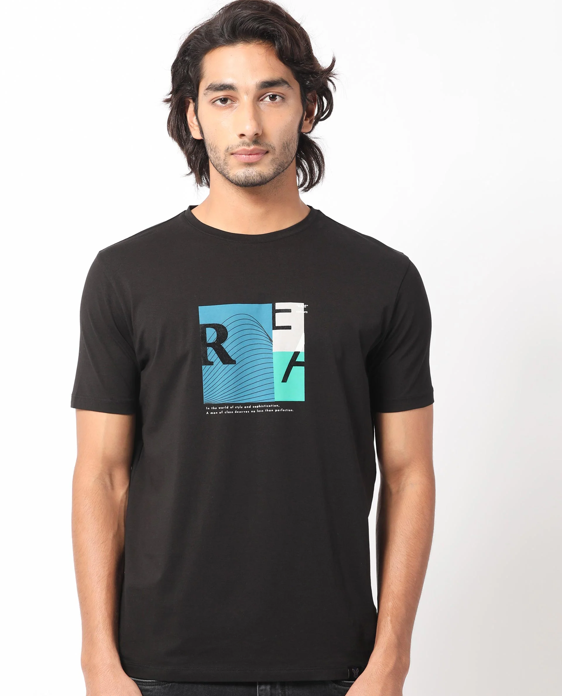 Rare Rabbit Men's Salta Black Cotton Graphic Print Slim Fit Half Sleeve Crew Neck T-Shirt - Image 2