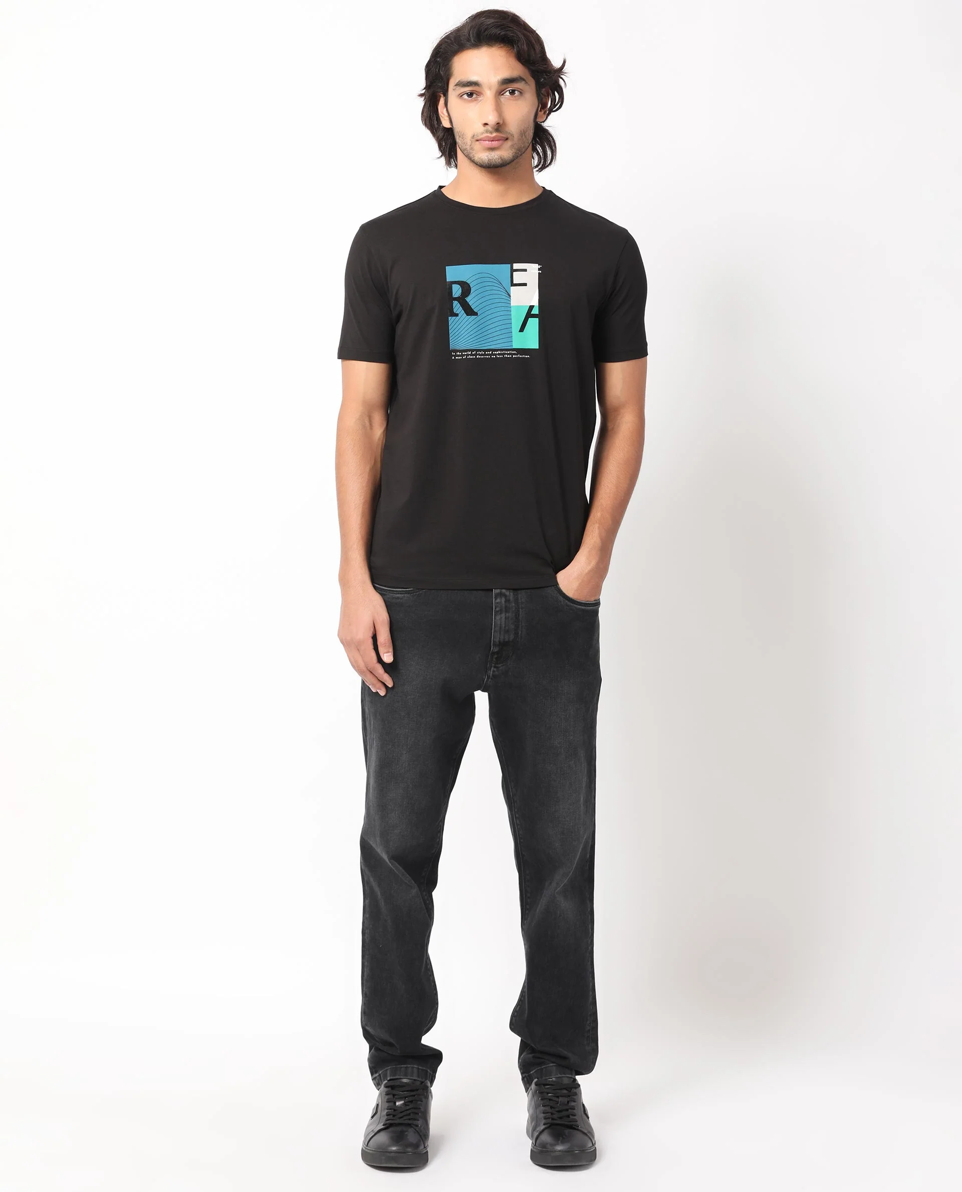 Rare Rabbit Men's Salta Black Cotton Graphic Print Slim Fit Half Sleeve Crew Neck T-Shirt - Image 4