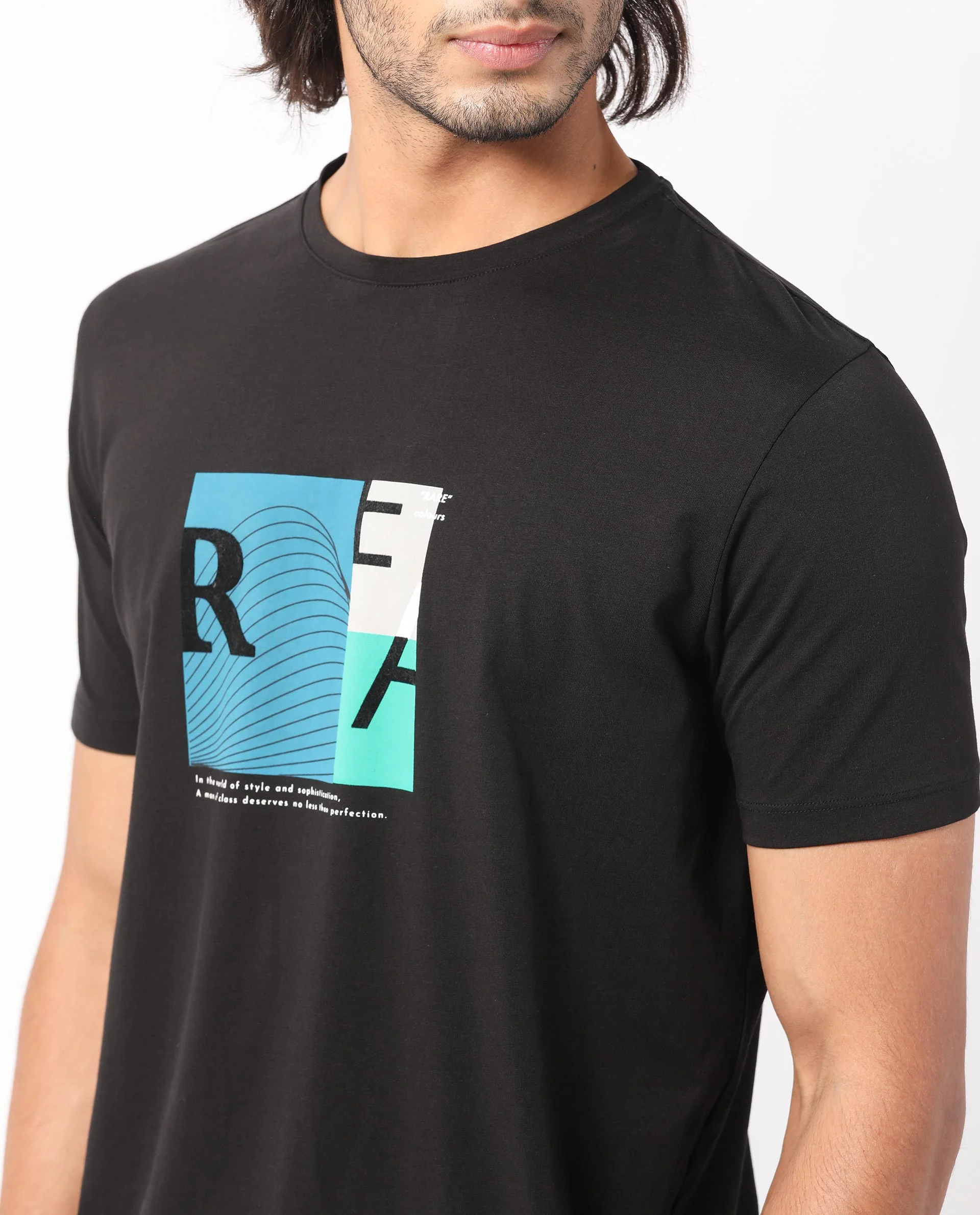 Rare Rabbit Men's Salta Black Cotton Graphic Print Slim Fit Half Sleeve Crew Neck T-Shirt - Image 5