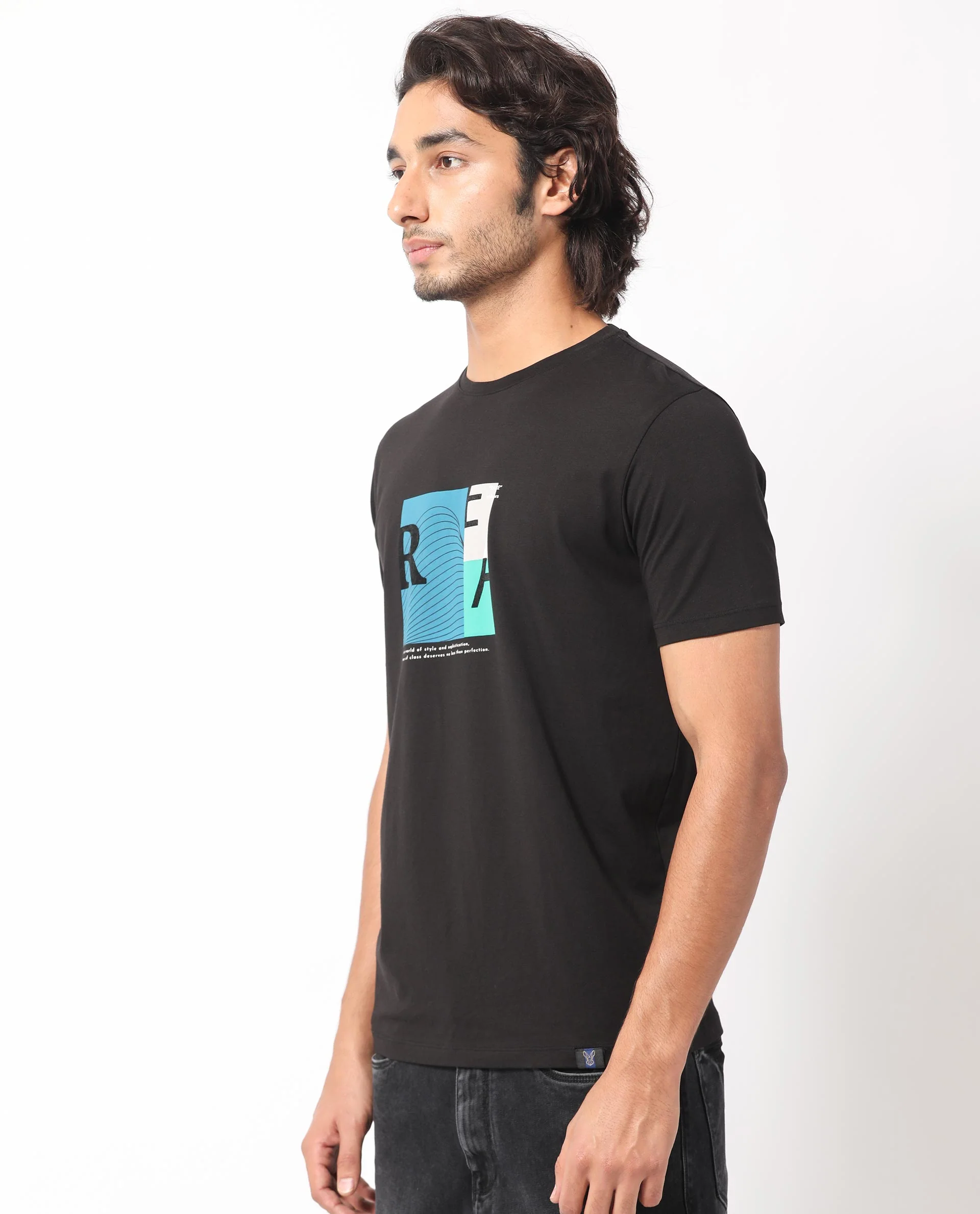 Rare Rabbit Men's Salta Black Cotton Graphic Print Slim Fit Half Sleeve Crew Neck T-Shirt - Image 6