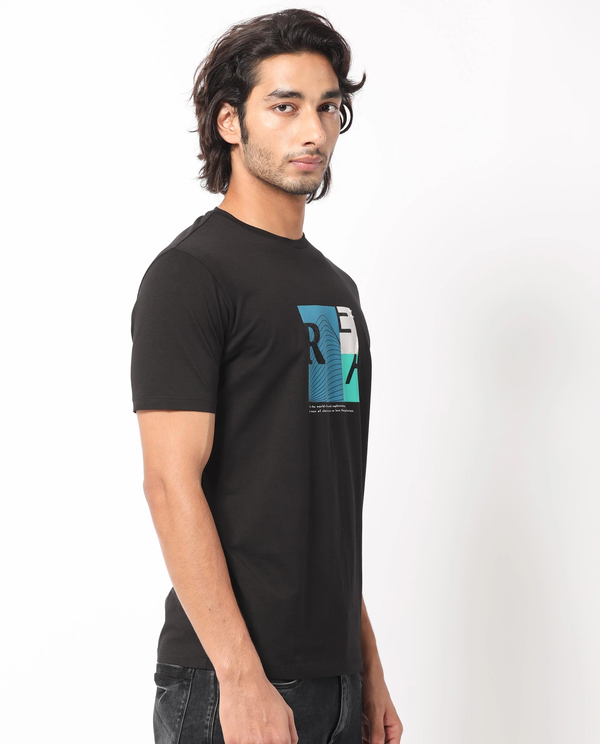 Rare Rabbit Men's Salta Black Cotton Graphic Print Slim Fit Half Sleeve Crew Neck T-Shirt - Image 7