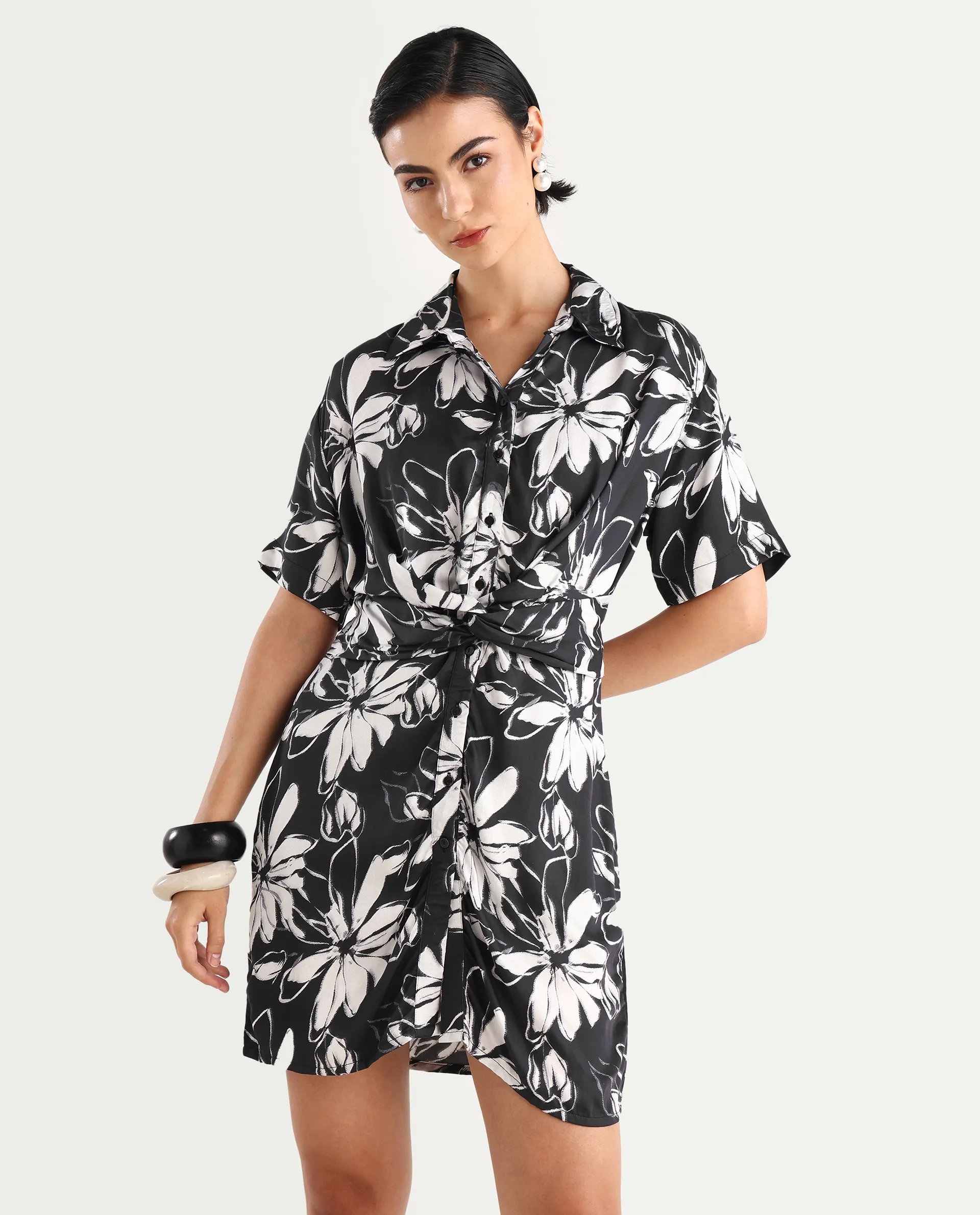Rareism Women's Saltillo Black Cotton Blend Drop Collar Floral Print Mini Regular Fit Dress - Image 2