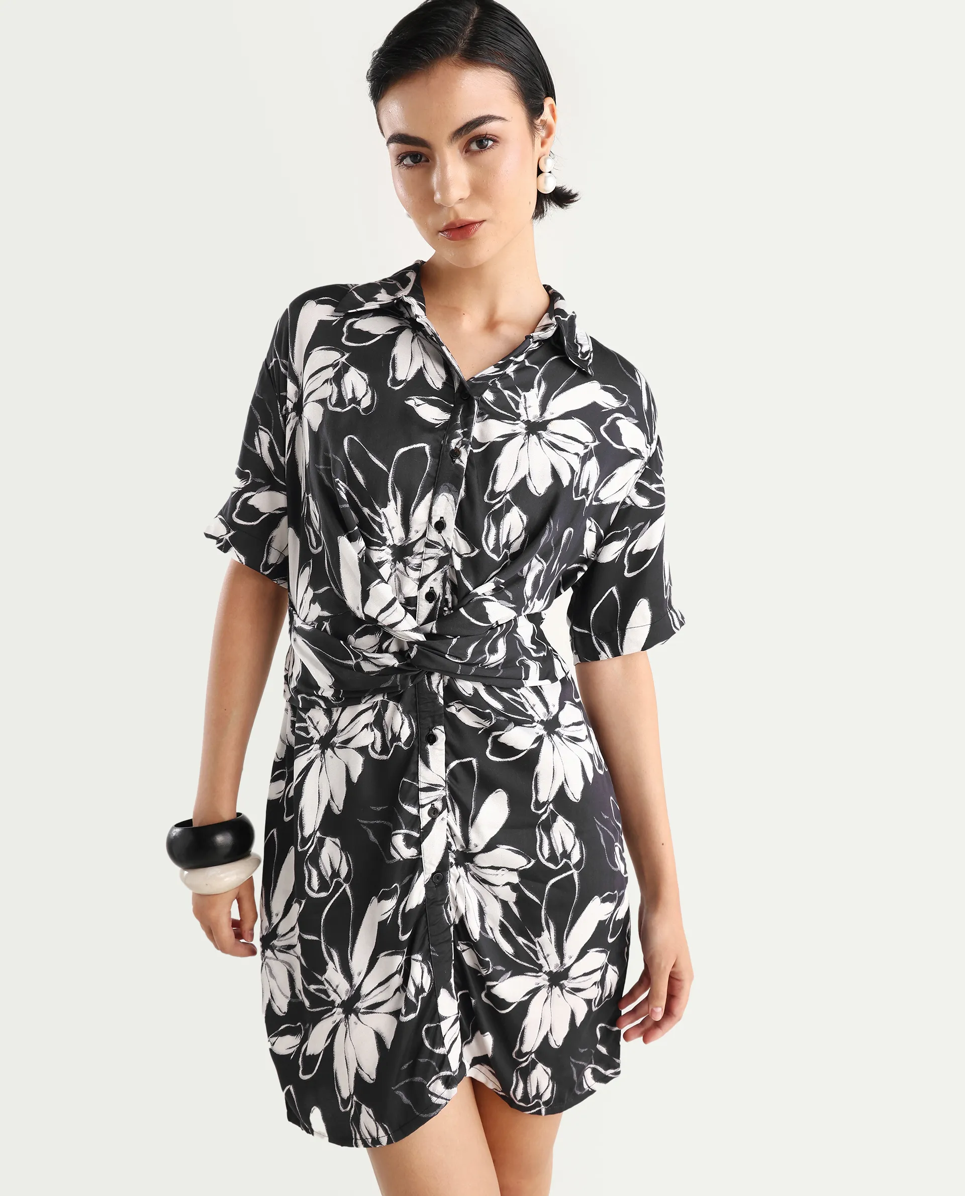 Rareism Women's Saltillo Black Cotton Blend Drop Collar Floral Print Mini Regular Fit Dress - Image 3