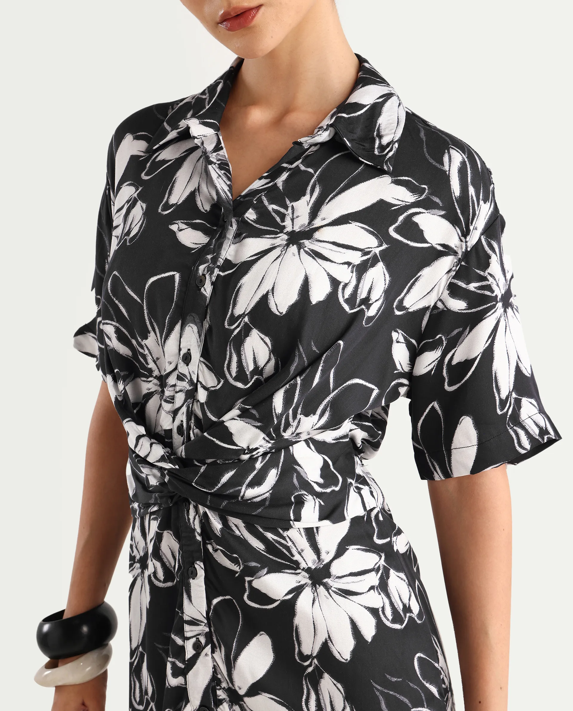 Rareism Women's Saltillo Black Cotton Blend Drop Collar Floral Print Mini Regular Fit Dress - Image 4