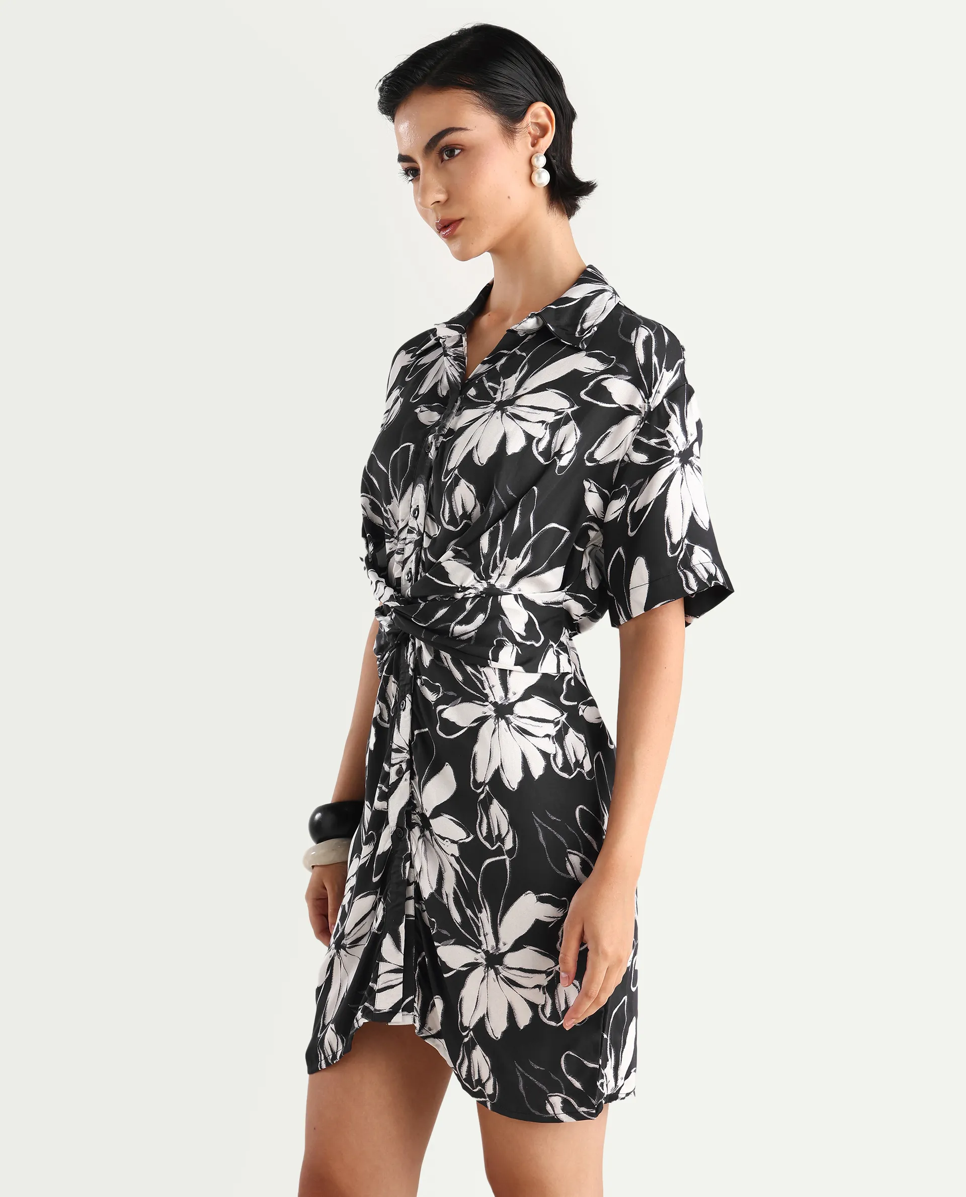 Rareism Women's Saltillo Black Cotton Blend Drop Collar Floral Print Mini Regular Fit Dress - Image 5