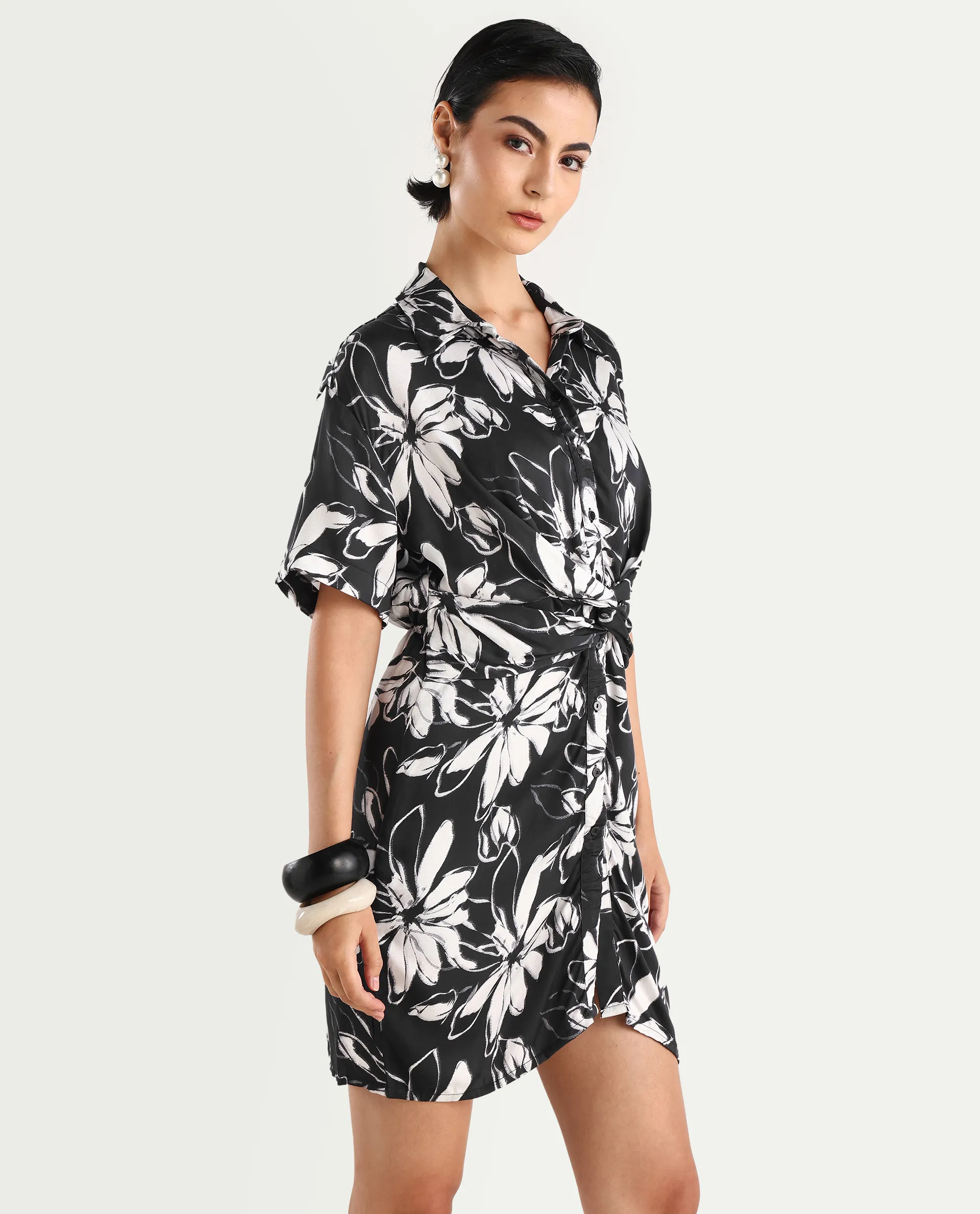 Rareism Women's Saltillo Black Cotton Blend Drop Collar Floral Print Mini Regular Fit Dress - Image 6
