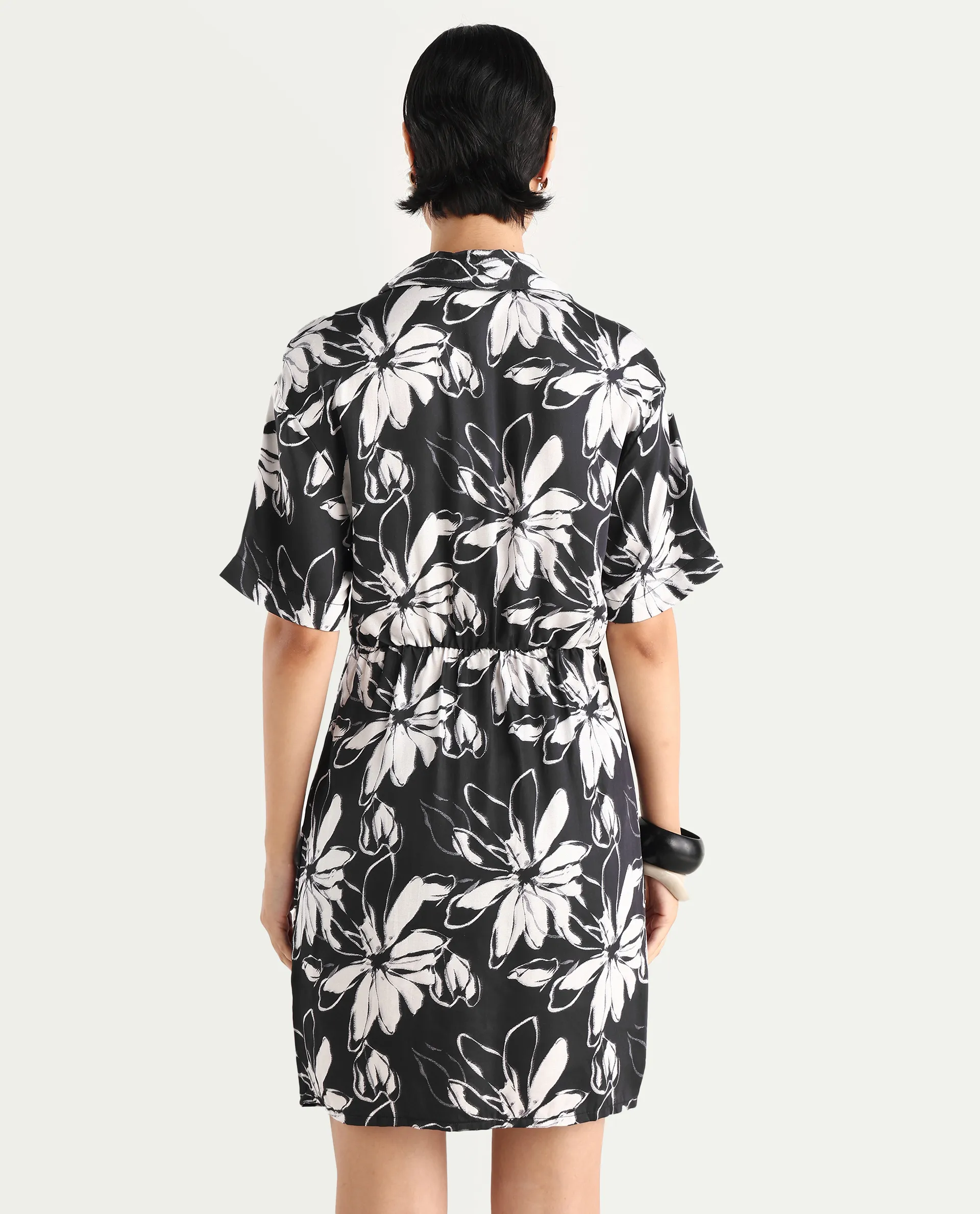 Rareism Women's Saltillo Black Cotton Blend Drop Collar Floral Print Mini Regular Fit Dress - Image 7