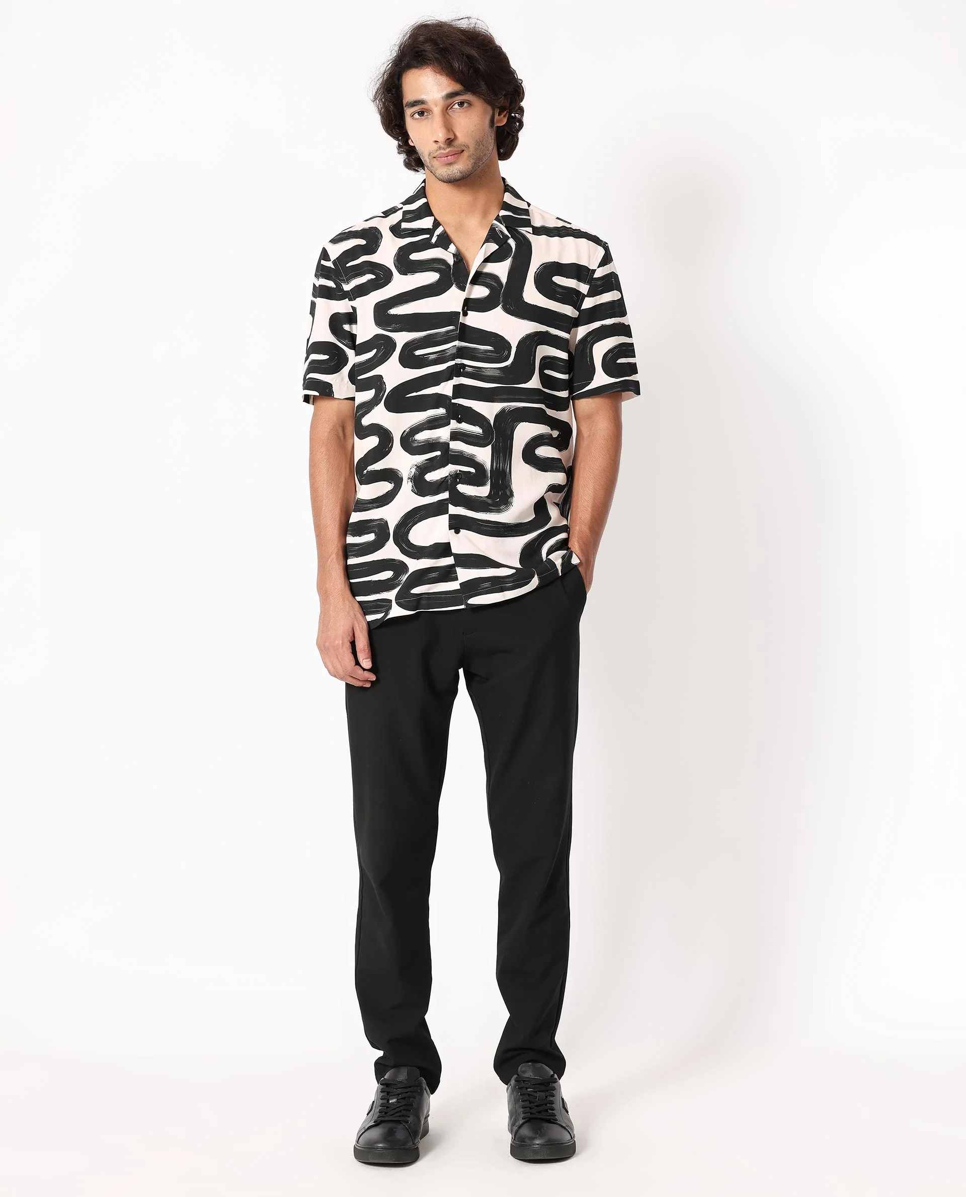 Rare Rabbit Men's Salto Beige Viscose Abstract Print Regular Fit Half Sleeve Cuban Collar Shirt - Image 2