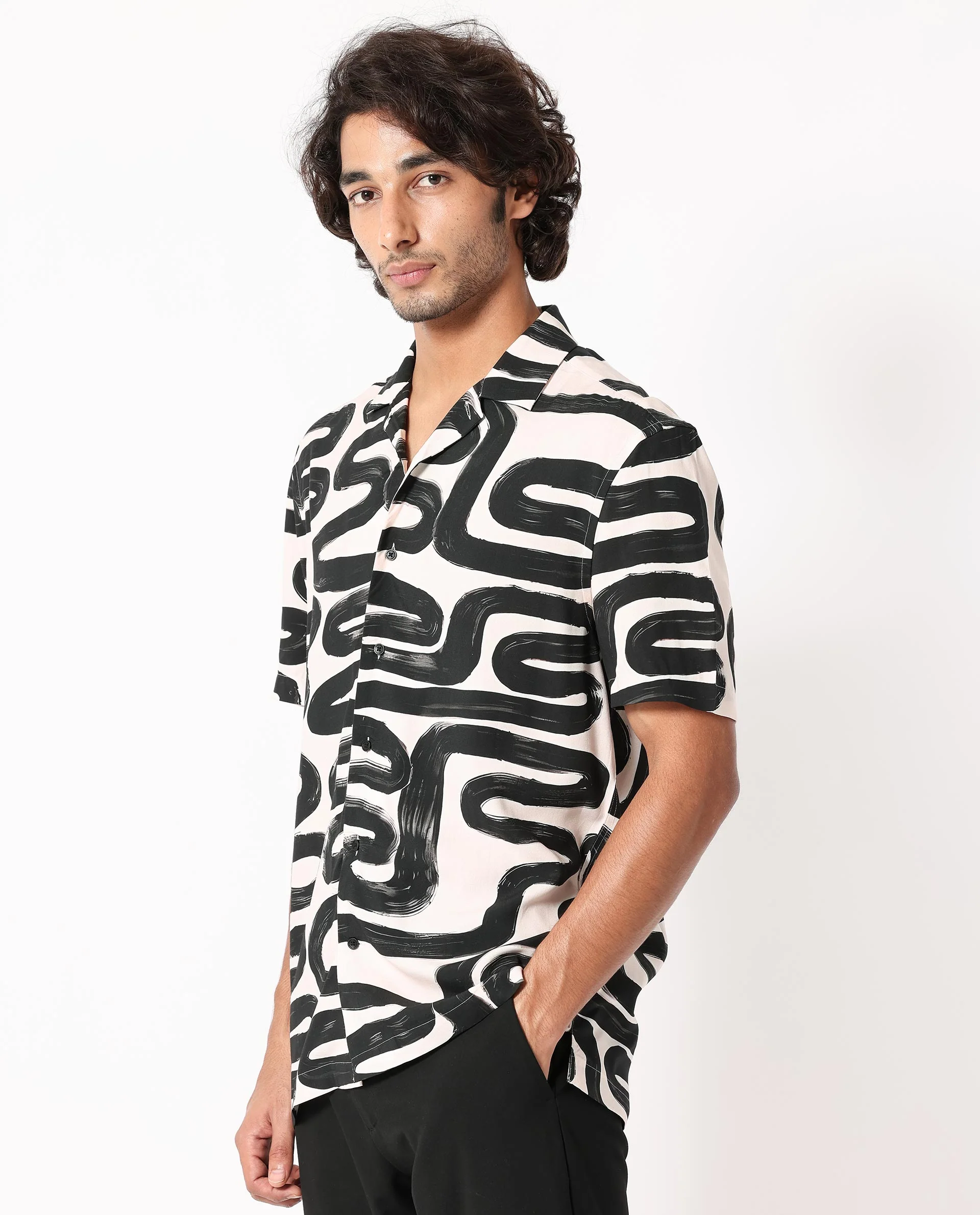 Rare Rabbit Men's Salto Beige Viscose Abstract Print Regular Fit Half Sleeve Cuban Collar Shirt - Image 3