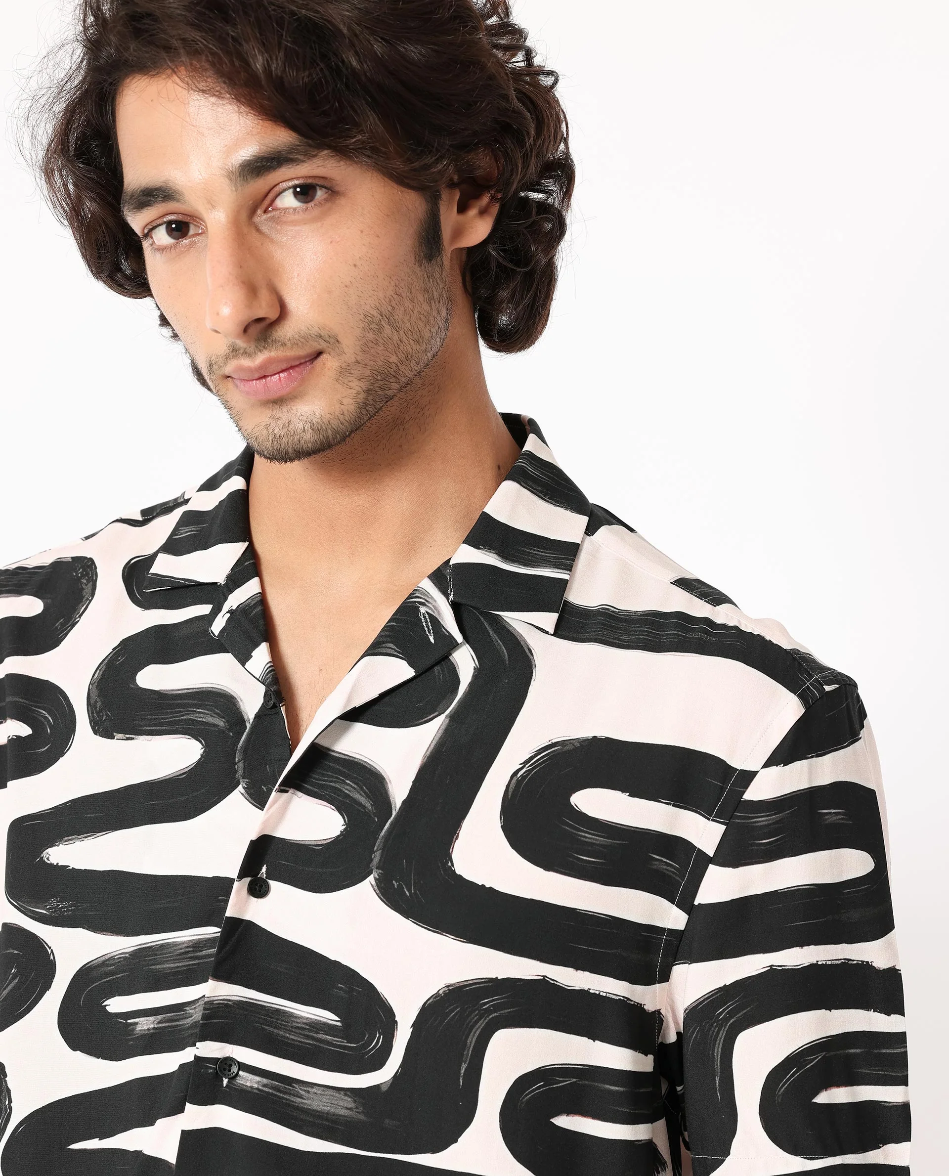 Rare Rabbit Men's Salto Beige Viscose Abstract Print Regular Fit Half Sleeve Cuban Collar Shirt - Image 4