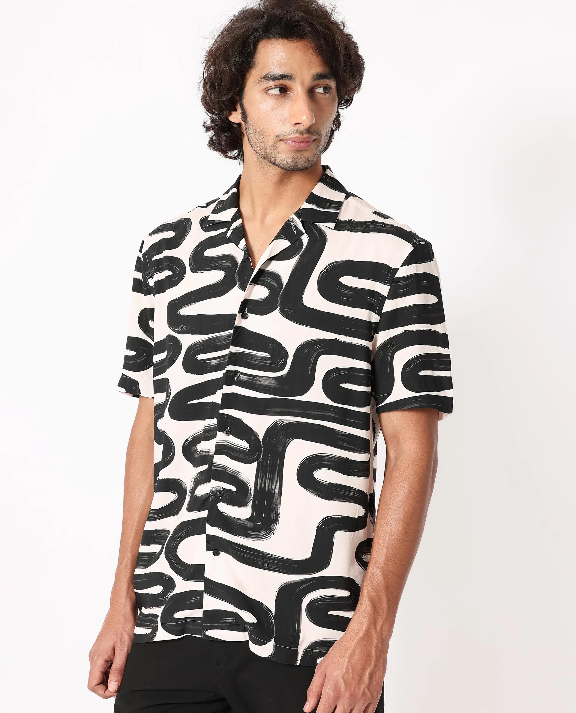 Rare Rabbit Men's Salto Beige Viscose Abstract Print Regular Fit Half Sleeve Cuban Collar Shirt - Image 5