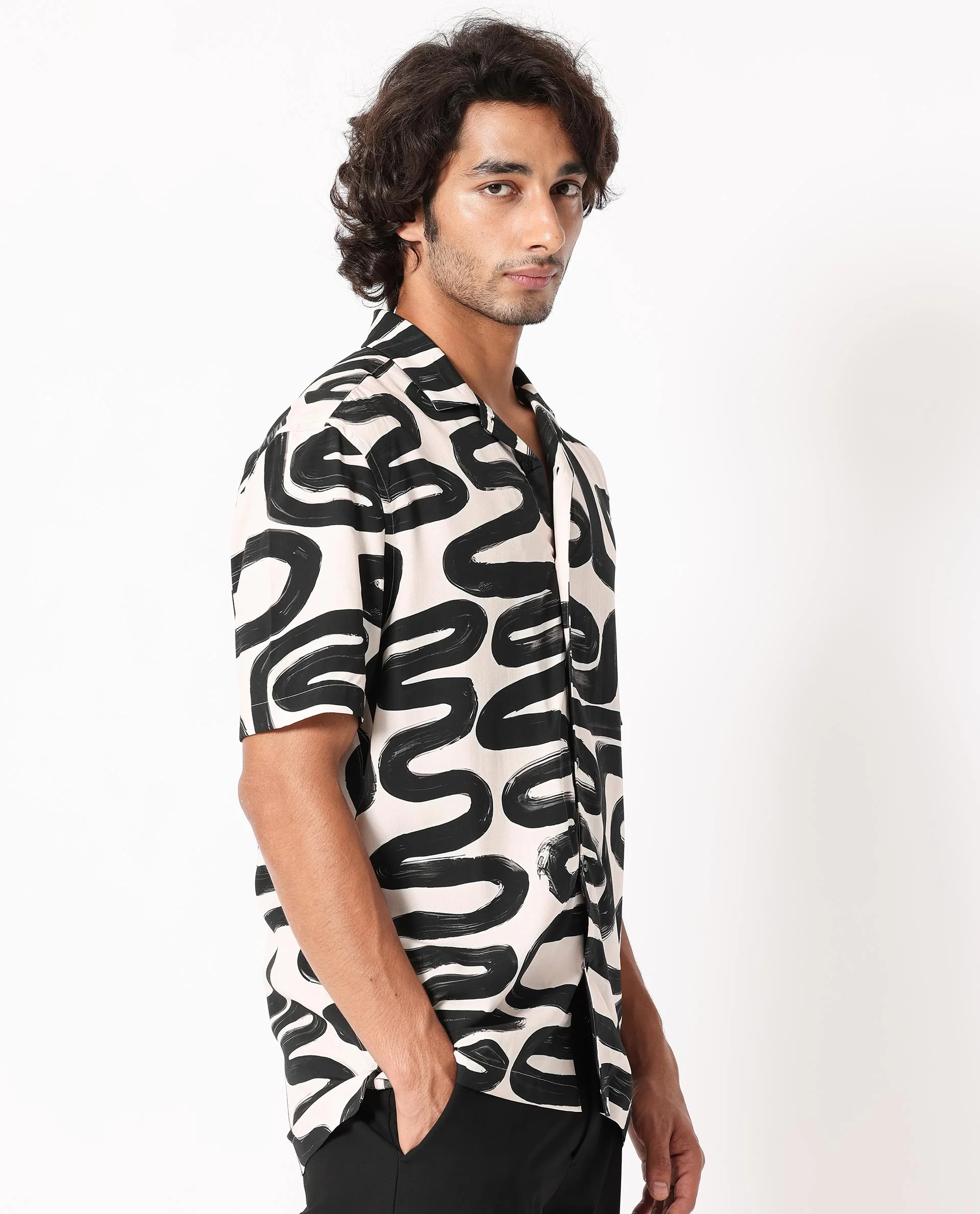 Rare Rabbit Men's Salto Beige Viscose Abstract Print Regular Fit Half Sleeve Cuban Collar Shirt - Image 7