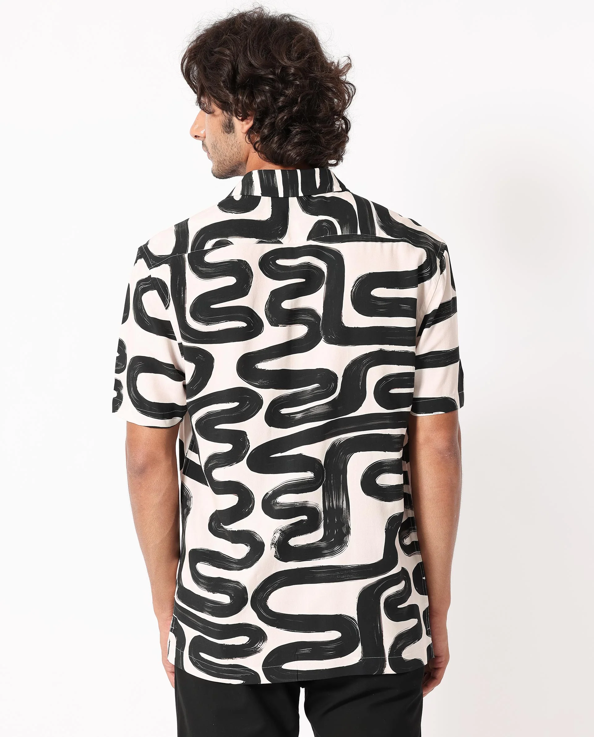 Rare Rabbit Men's Salto Beige Viscose Abstract Print Regular Fit Half Sleeve Cuban Collar Shirt - Image 8