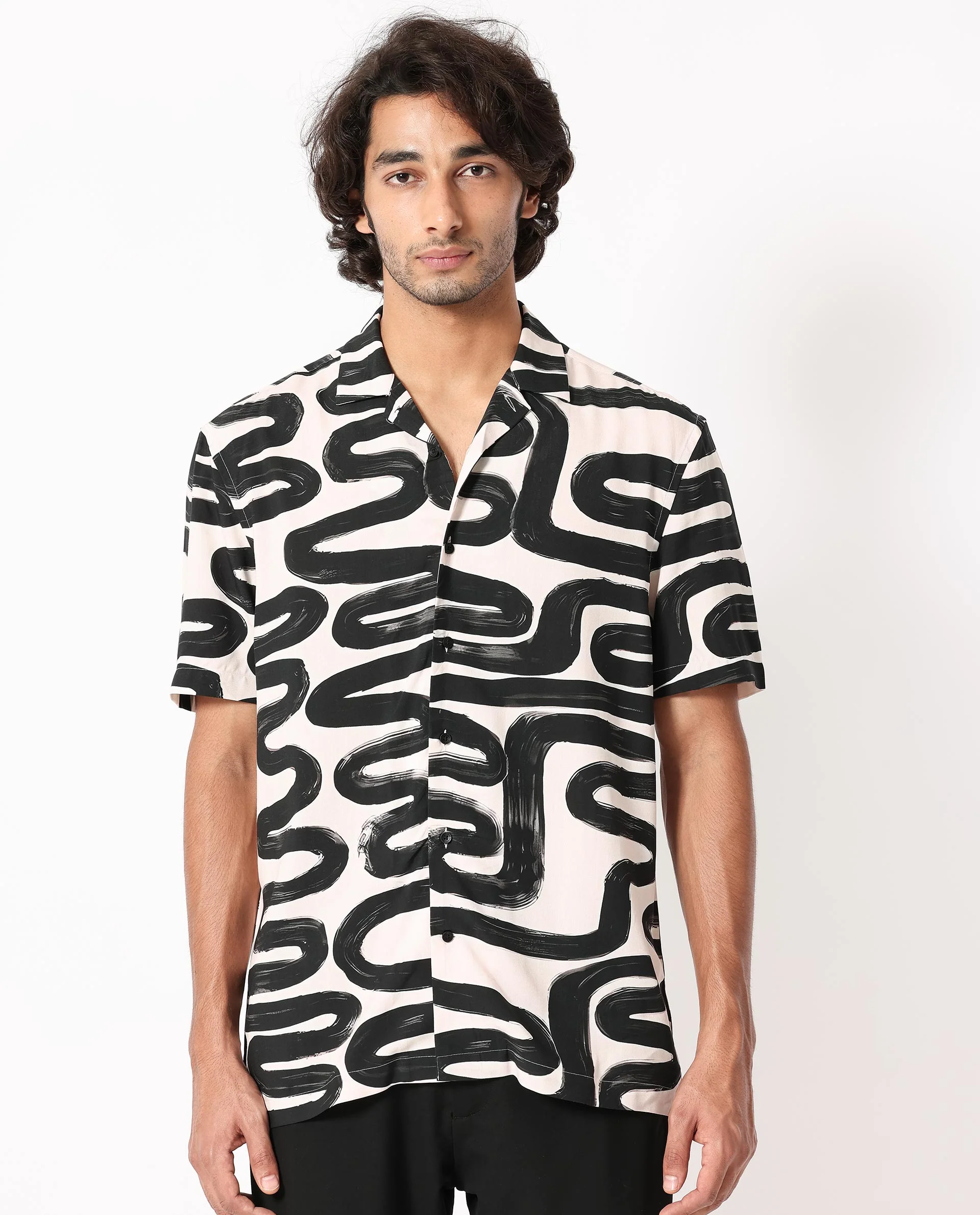 Rare Rabbit Men's Salto Beige Viscose Abstract Print Regular Fit Half Sleeve Cuban Collar Shirt - Image 9