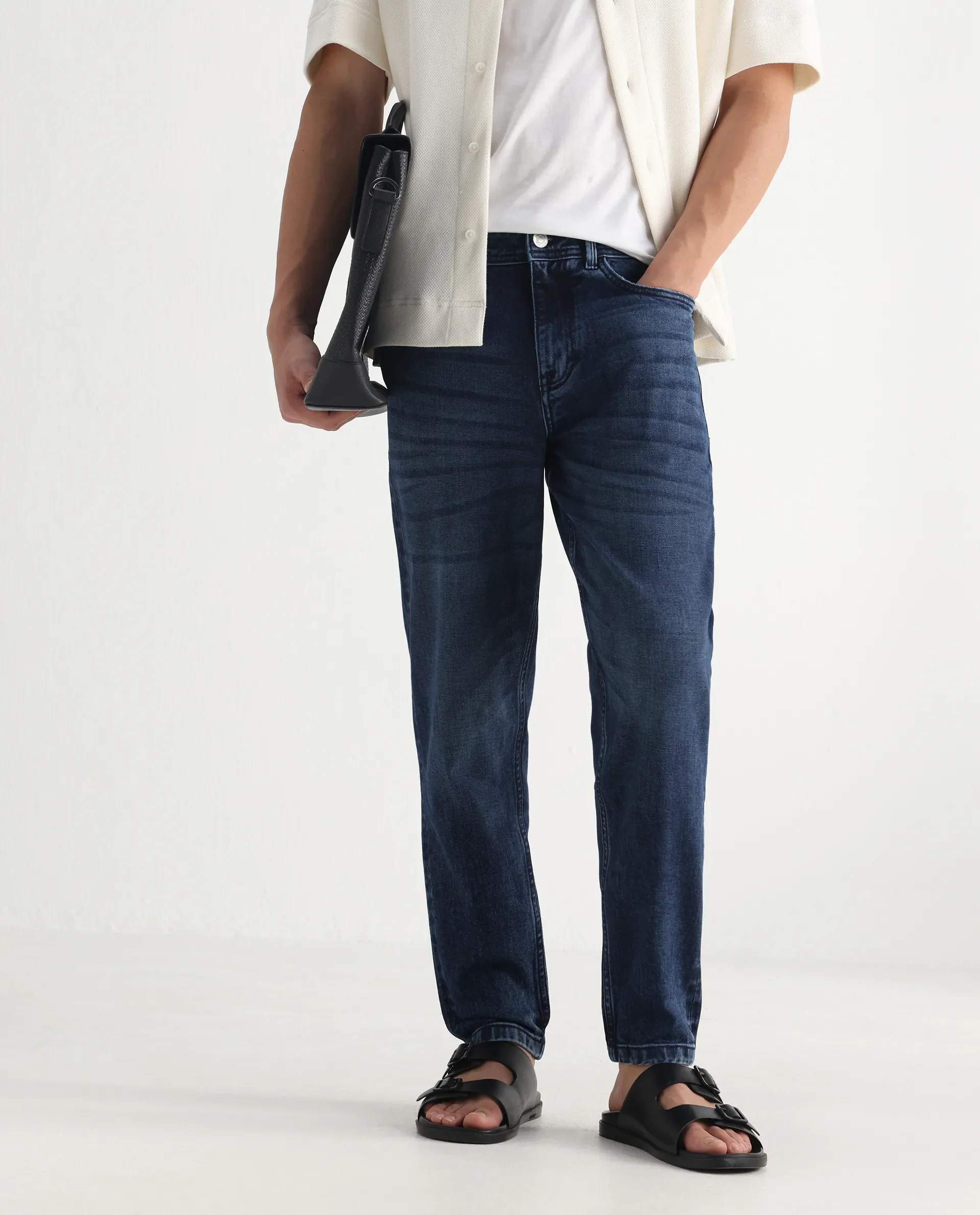 Rare Rabbit Men's Sam-2 Dusky Blue Cotton Plain Kurt Carrot Fit Jeans - Image 2