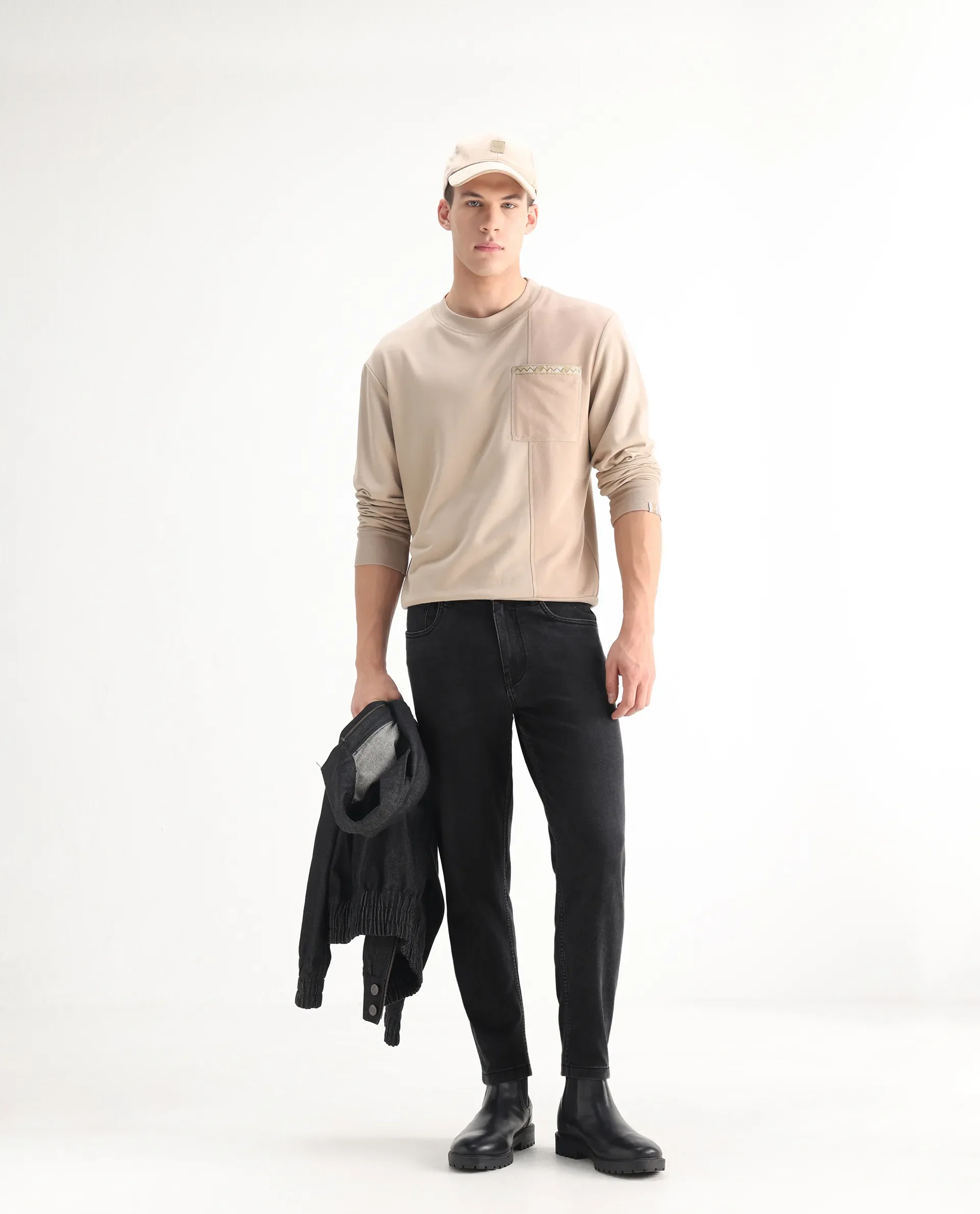Rare Rabbit Men's Sam Black Cotton Plain Kurt Carrot Fit Jeans