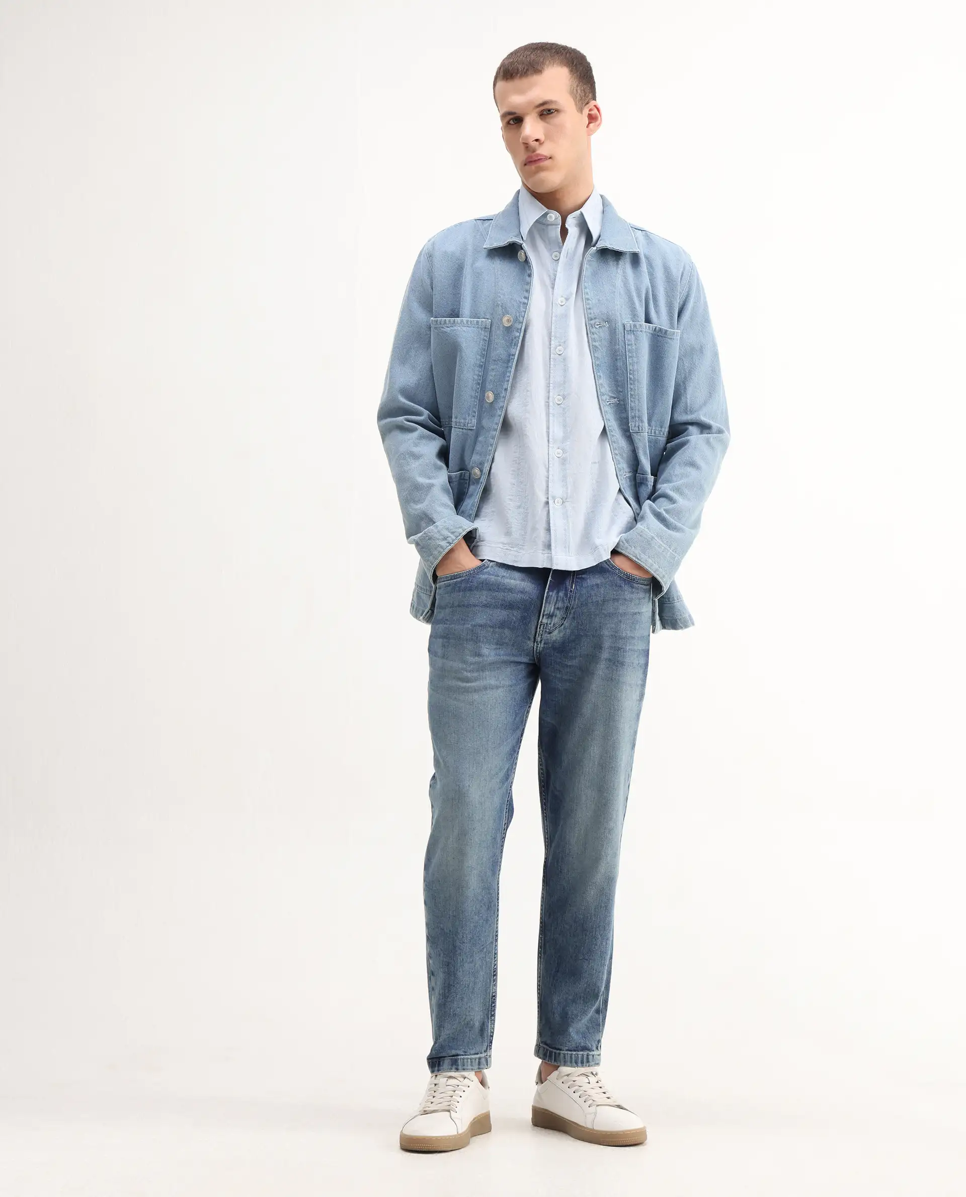 Rare Rabbit Men's Sam Blue Cotton Plain Kurt Carrot Fit Jeans