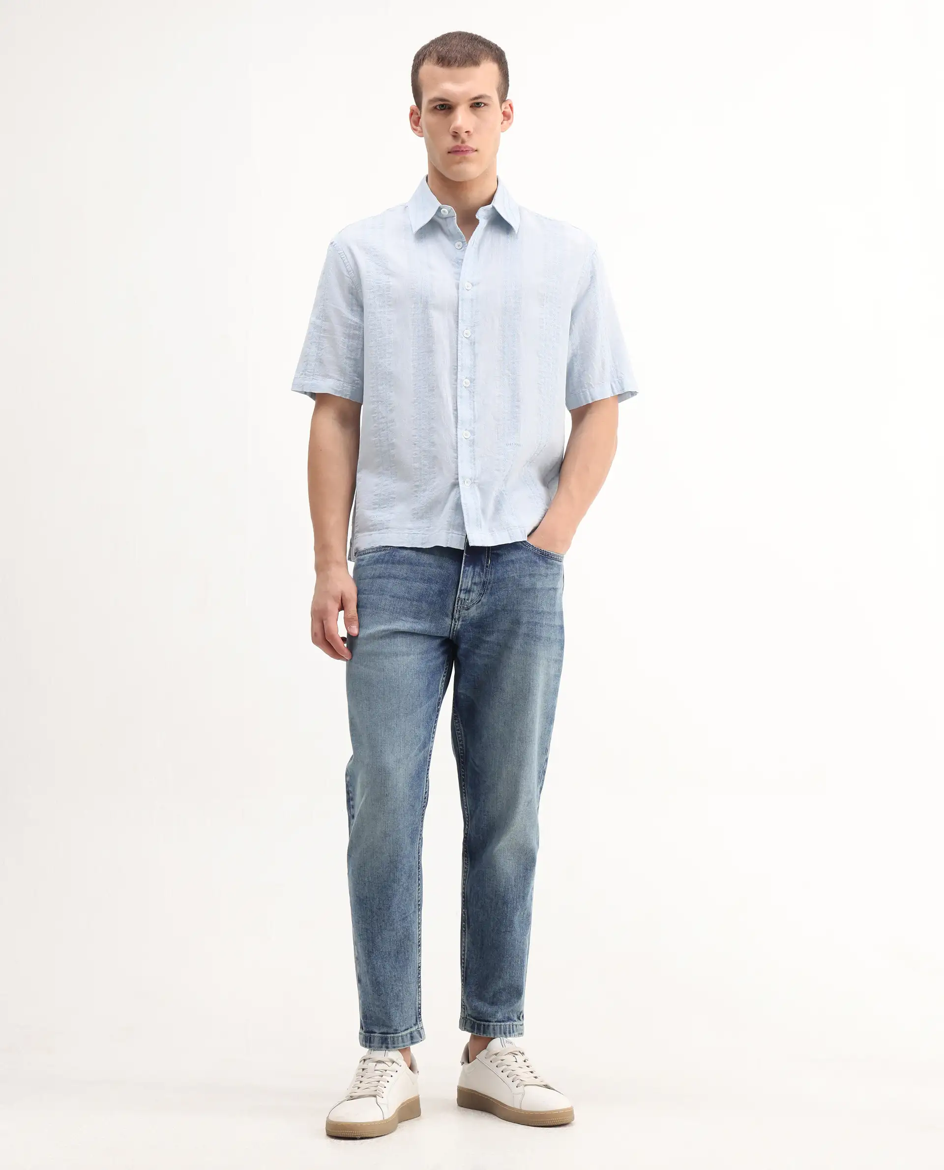 Rare Rabbit Men's Sam Blue Cotton Plain Kurt Carrot Fit Jeans - Image 3
