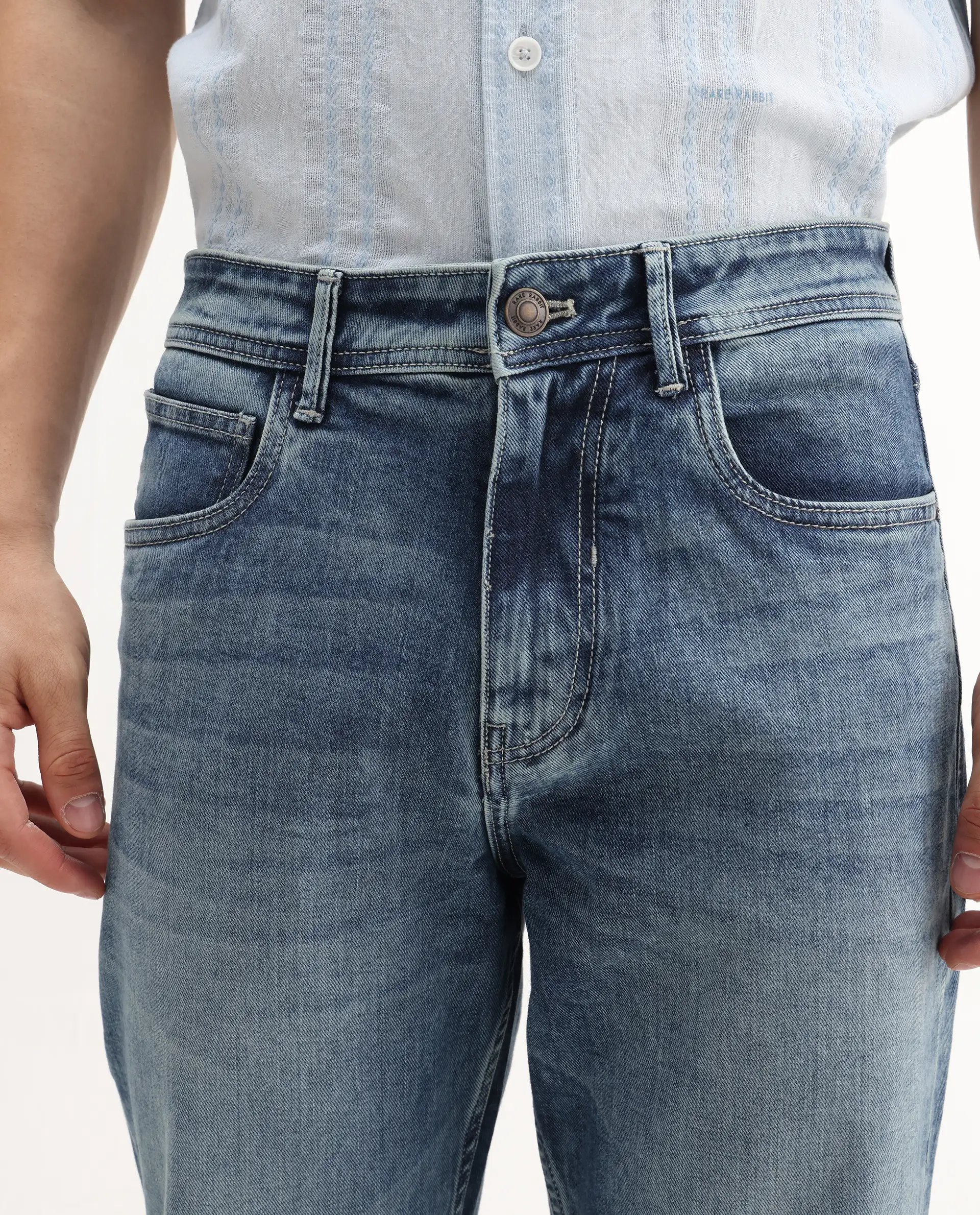Rare Rabbit Men's Sam Blue Cotton Plain Kurt Carrot Fit Jeans - Image 4