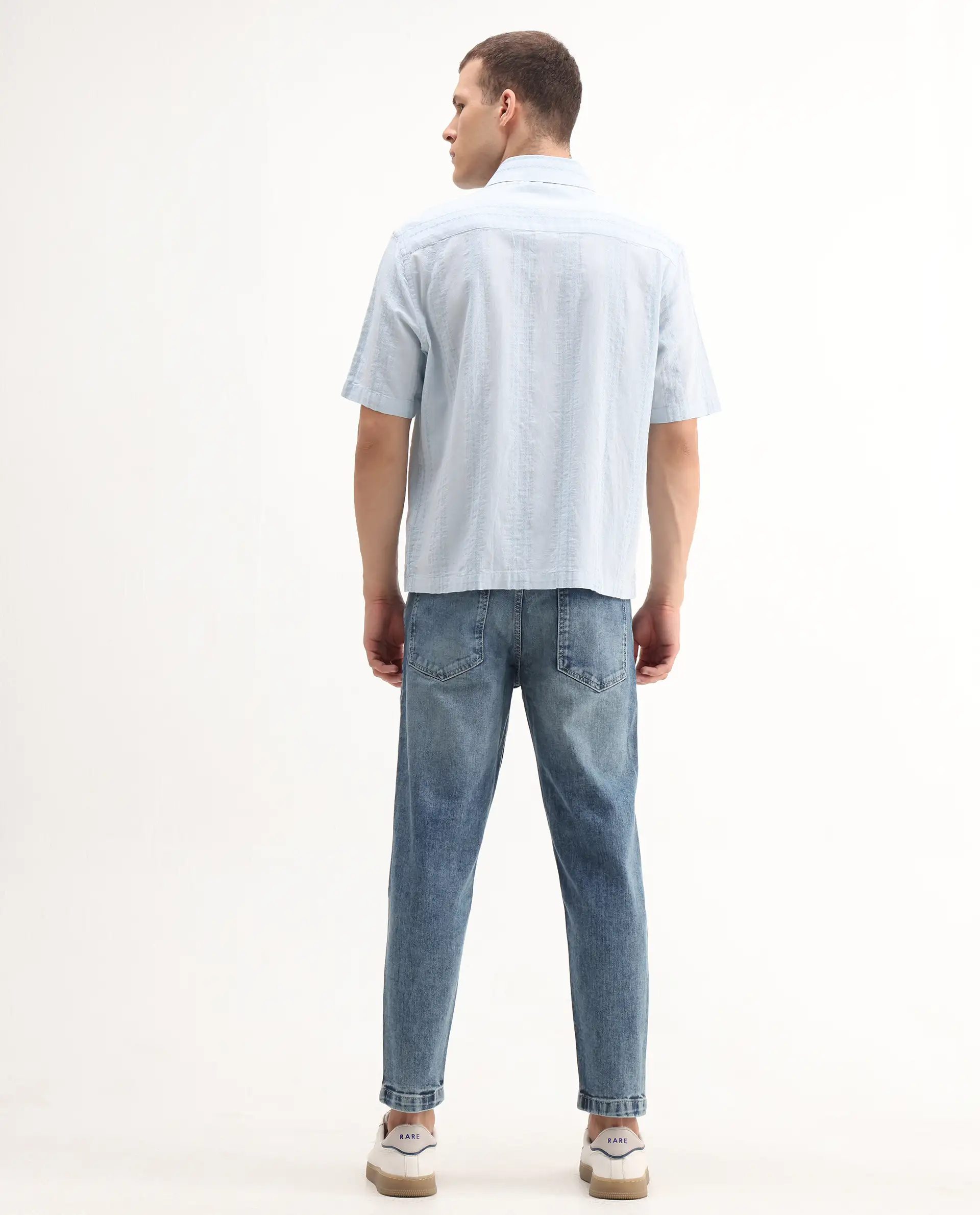Rare Rabbit Men's Sam Blue Cotton Plain Kurt Carrot Fit Jeans - Image 7